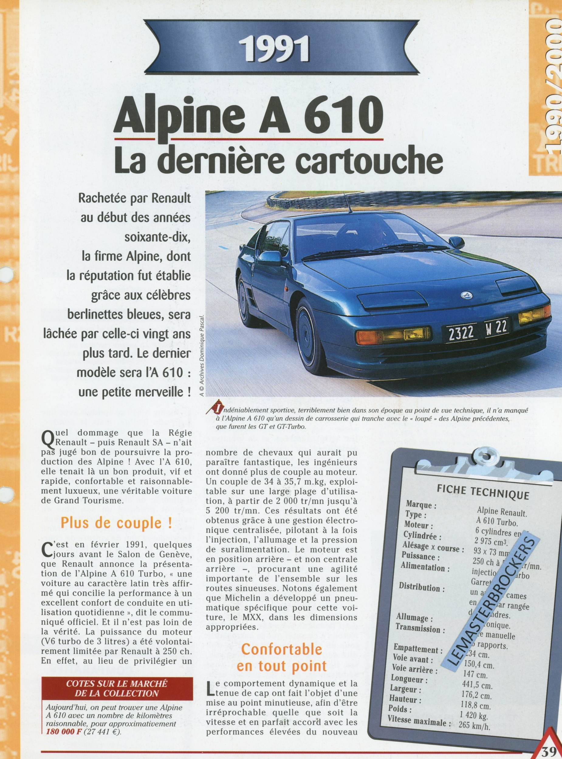 FICHE TECHNIQUE ALPINE A610 - FICHE AUTO - HACHETTE LITTÉRATURE AUTOMOBILE