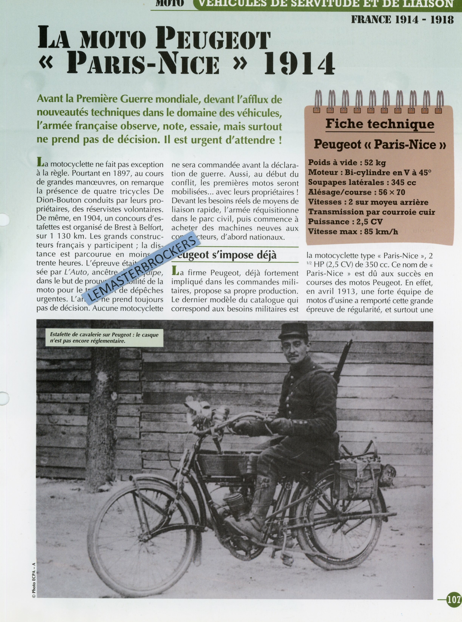 MOTO PEUGEOT PARIS-NICE 1914 - FICHE MOTO MILITAIRE HACHETTE COLLECTION - FICHE TECHNIQUE