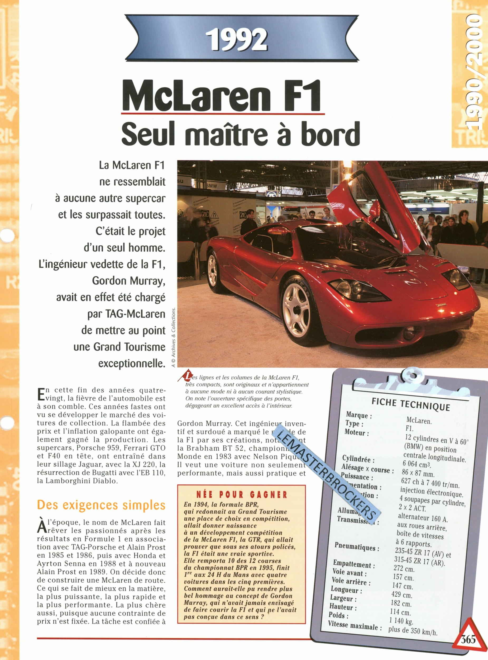 McLAREN F1 1992 - FICHE AUTO COLLECTION HACHETTE - FICHE TECHNIQUE