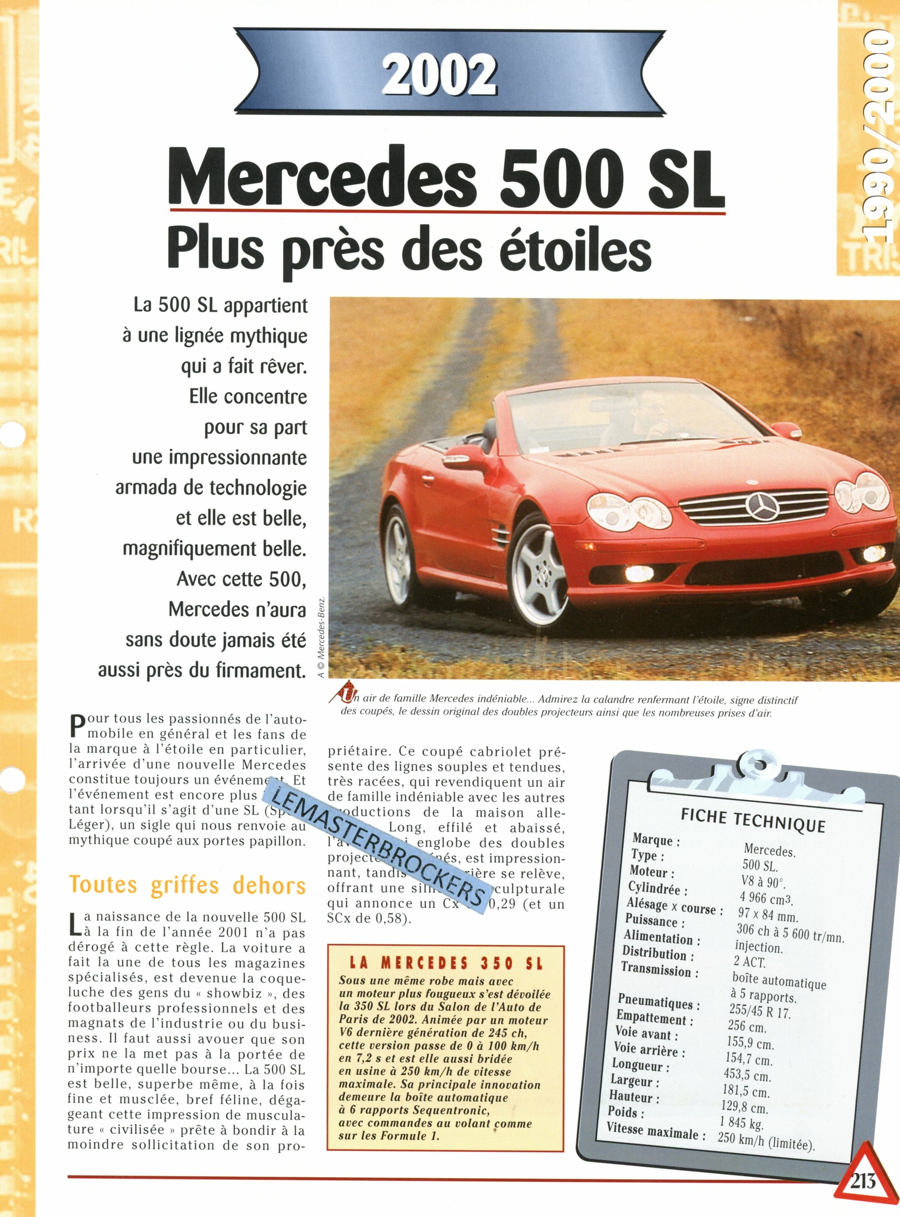 MERCEDES-SL-500-FICHE-AUTO-HACHETTE-LEMASTERBROCKERS-FICHE-TECHNIQUE-SL500