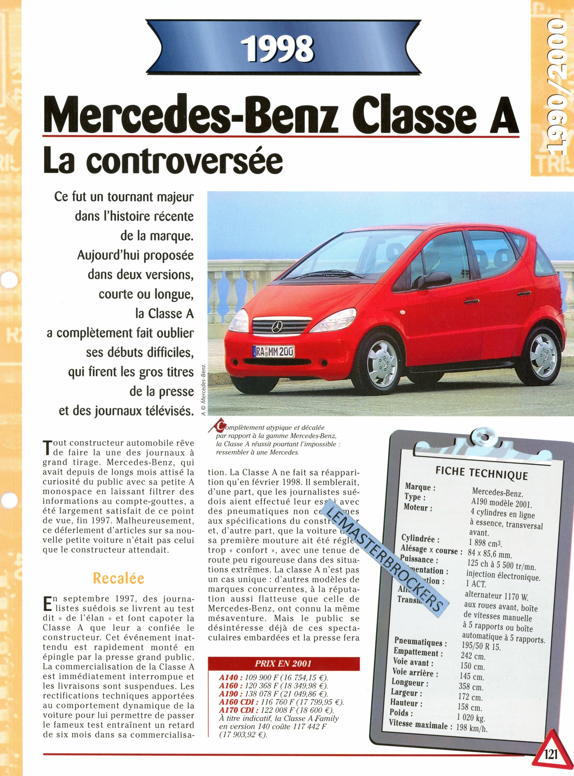 MERCEDES-A140-A160-A170-FICHE-AUTO-HACHETTE-LEMASTERBROCKERS-FICHE-TECHNIQUE-A190-2001