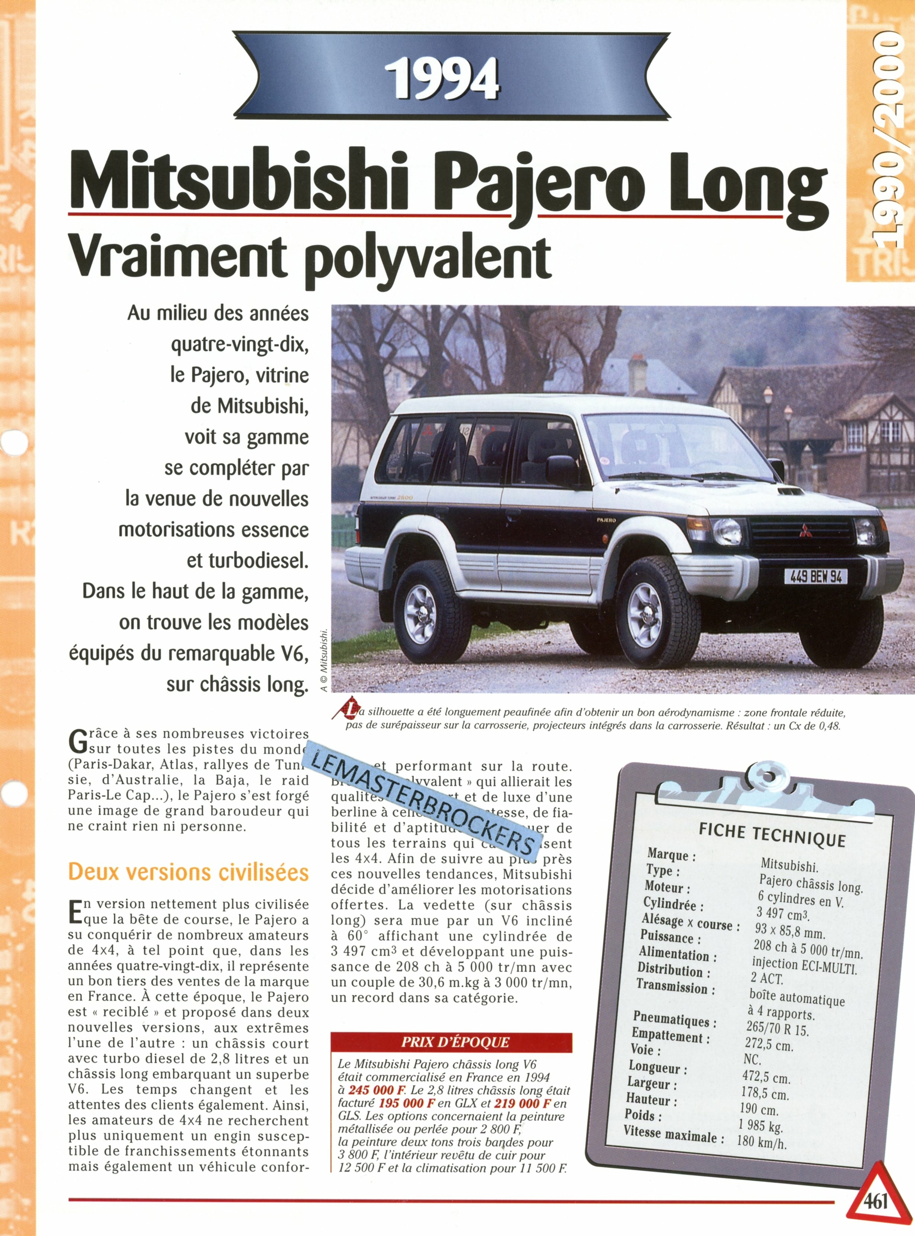 MITSUBISHI PAJERO LONG - FICHE AUTO COLLECTION HACHETTE - FICHE TECHNIQUE