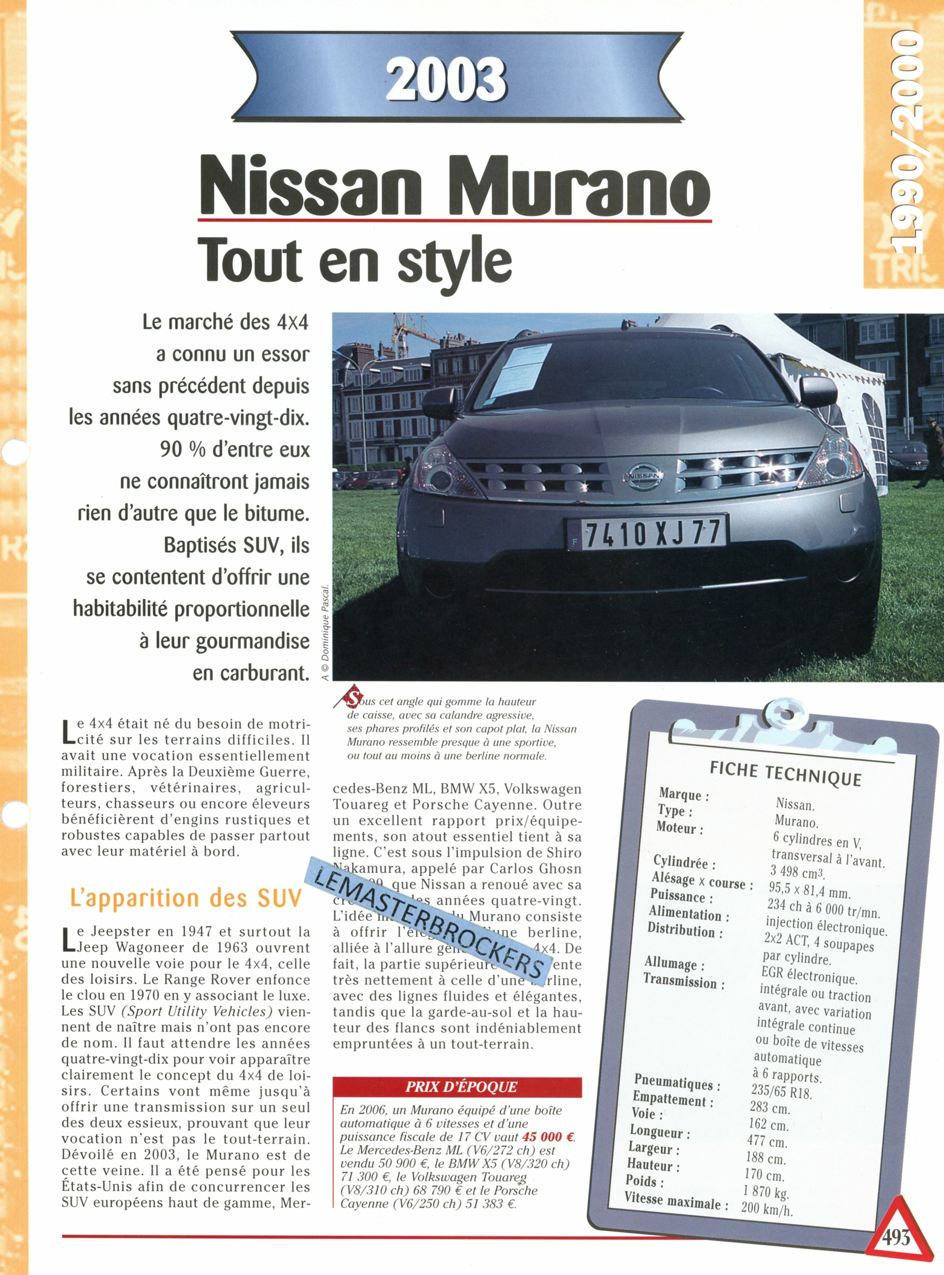 NISSAN MURANO - FICHE AUTO COLLECTION HACHETTE - FICHE TECHNIQUE