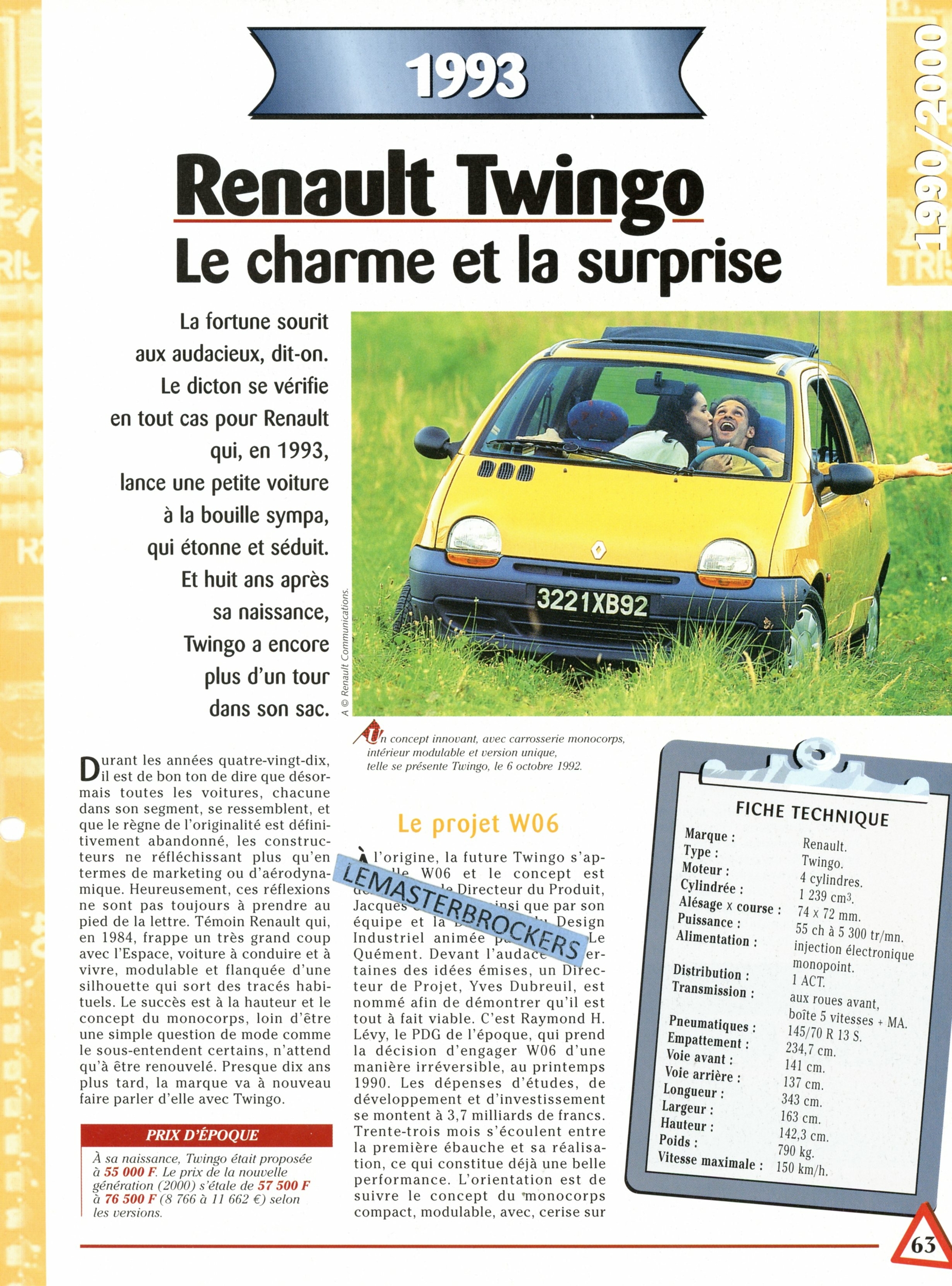 RENAULT TWINGO 1993 - FICHE AUTO COLLECTION HACHETTE - FICHE TECHNIQUE