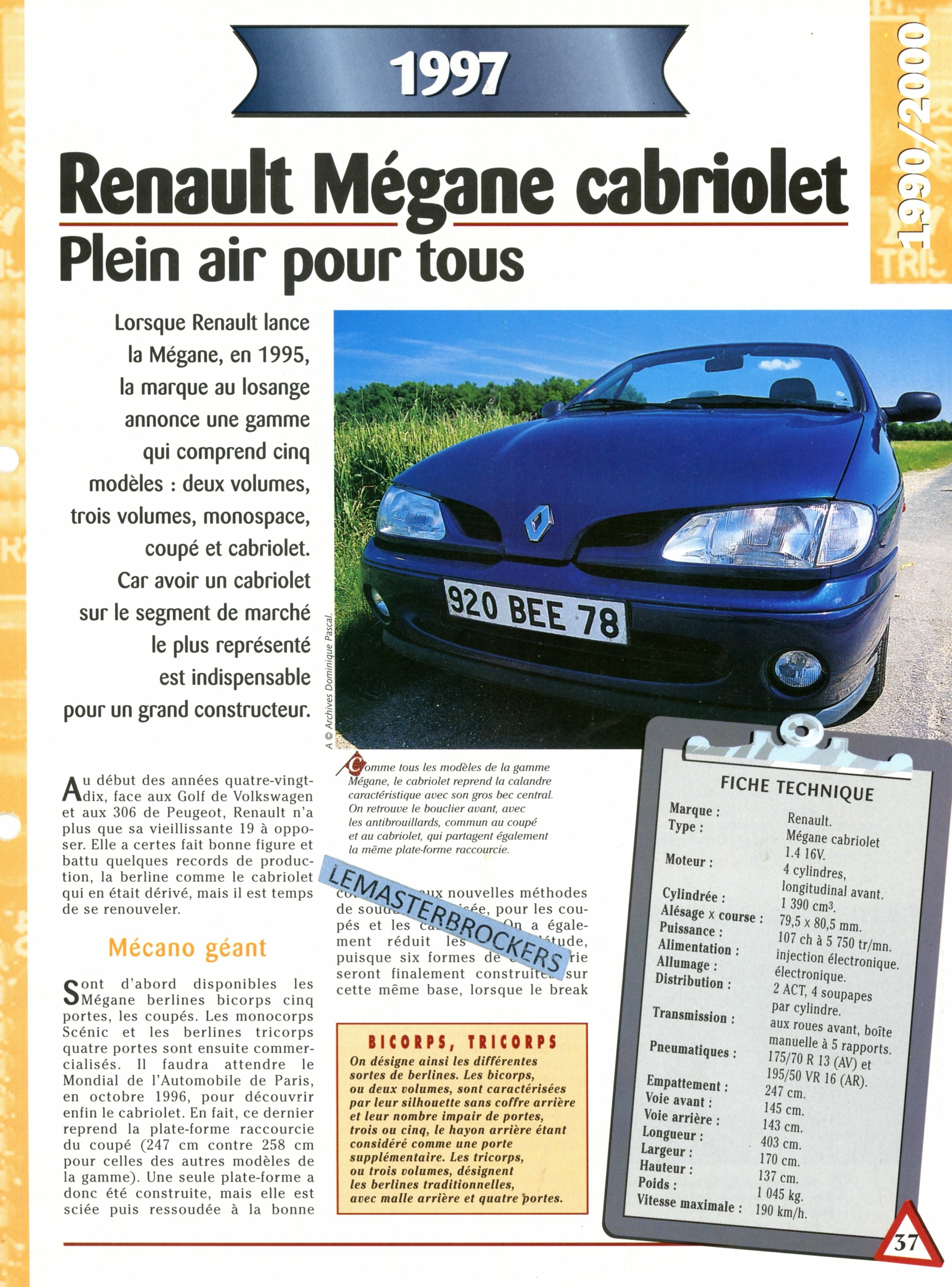 RENAULT MÉGANE CABRIOLET - FICHE AUTO COLLECTION HACHETTE - FICHE TECHNIQUE