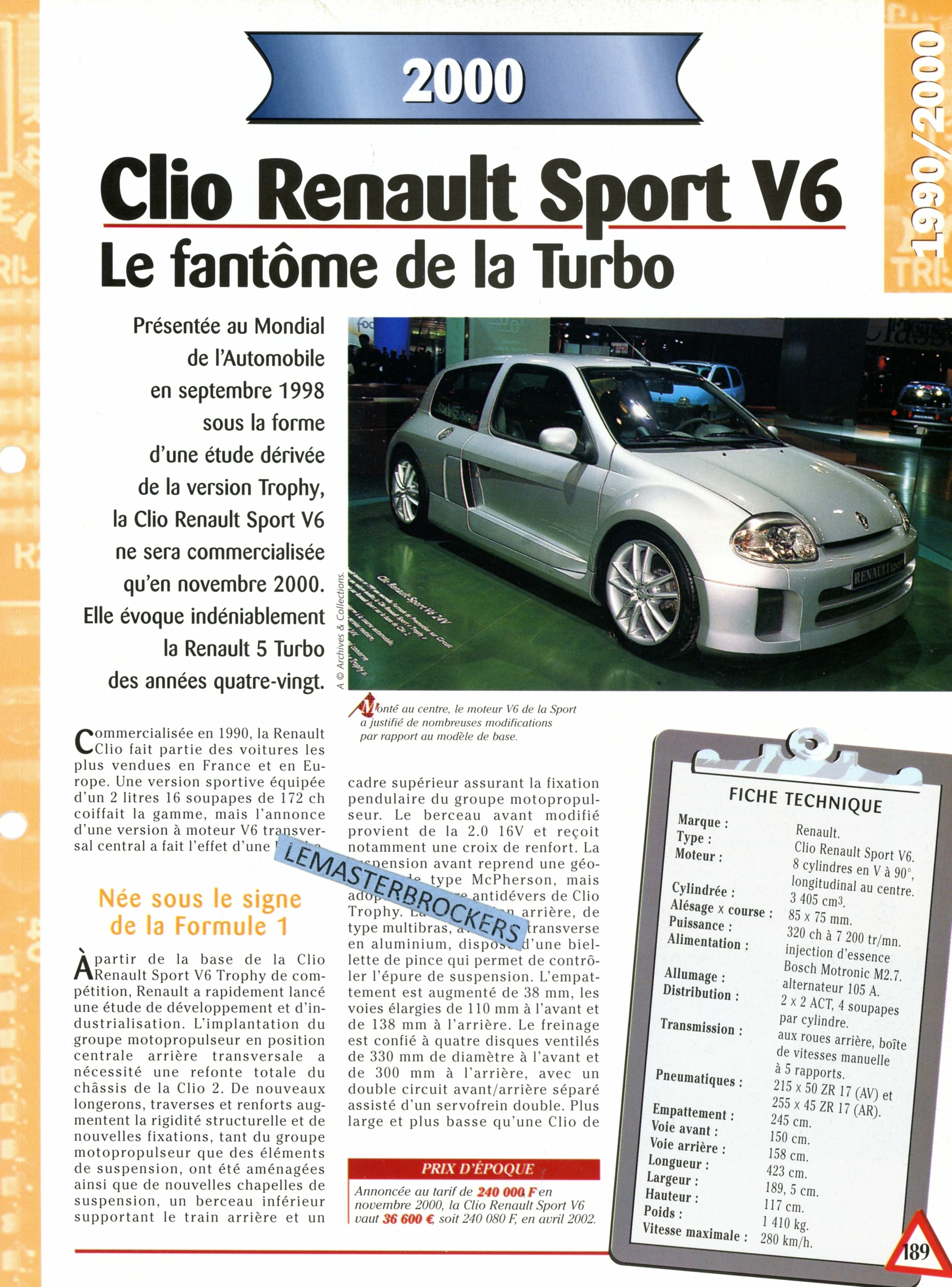 RENAULT-CLIO-SPORT-V6-FICHE-AUTO-HACHETTE-LEMASTERBROCKERS-FICHE-TECHNIQUE