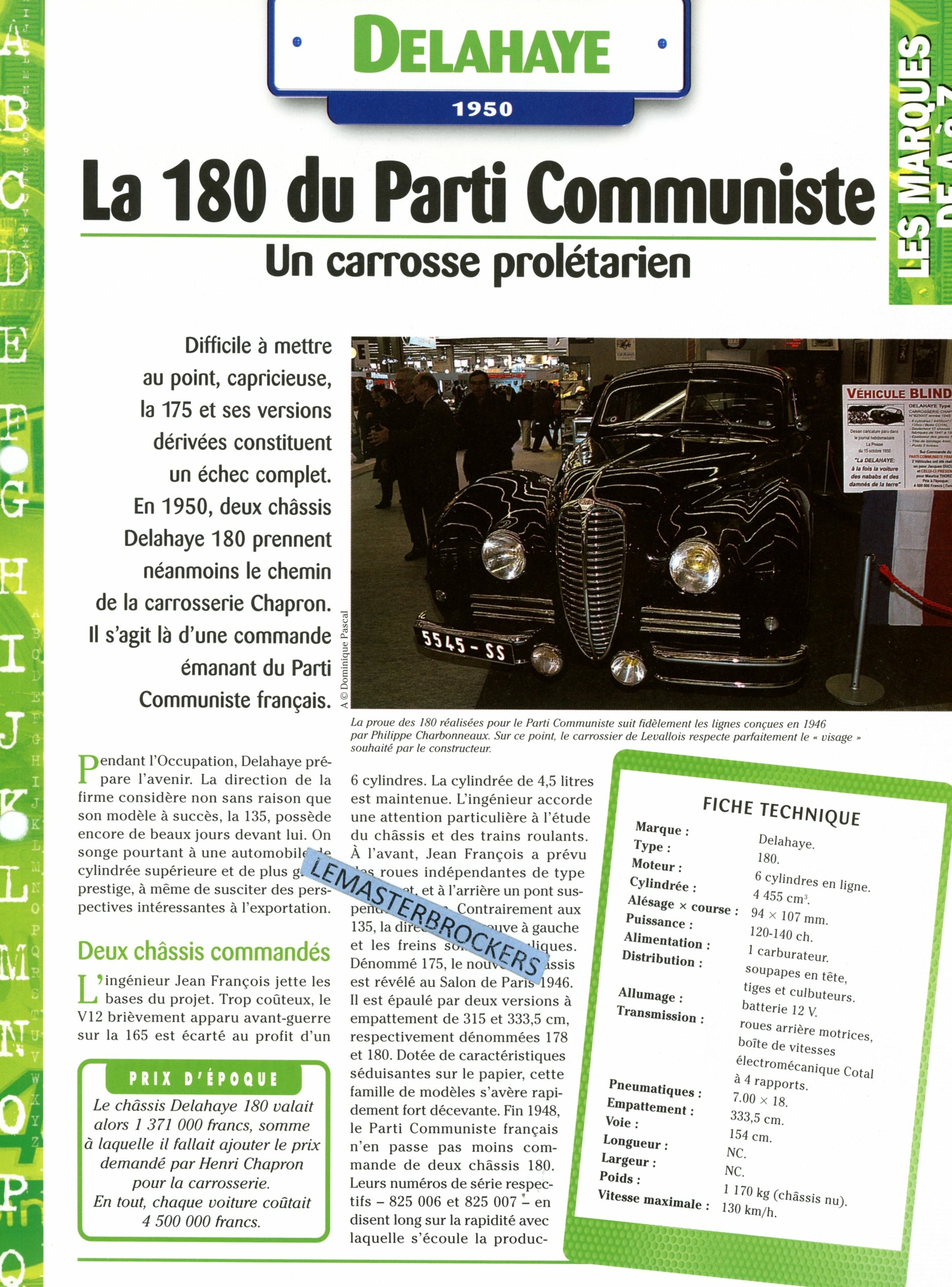 DELAHAYE 180 DU PARTI COMMUNISTE 1950 - FICHE AUTO COLLECTION HACHETTE