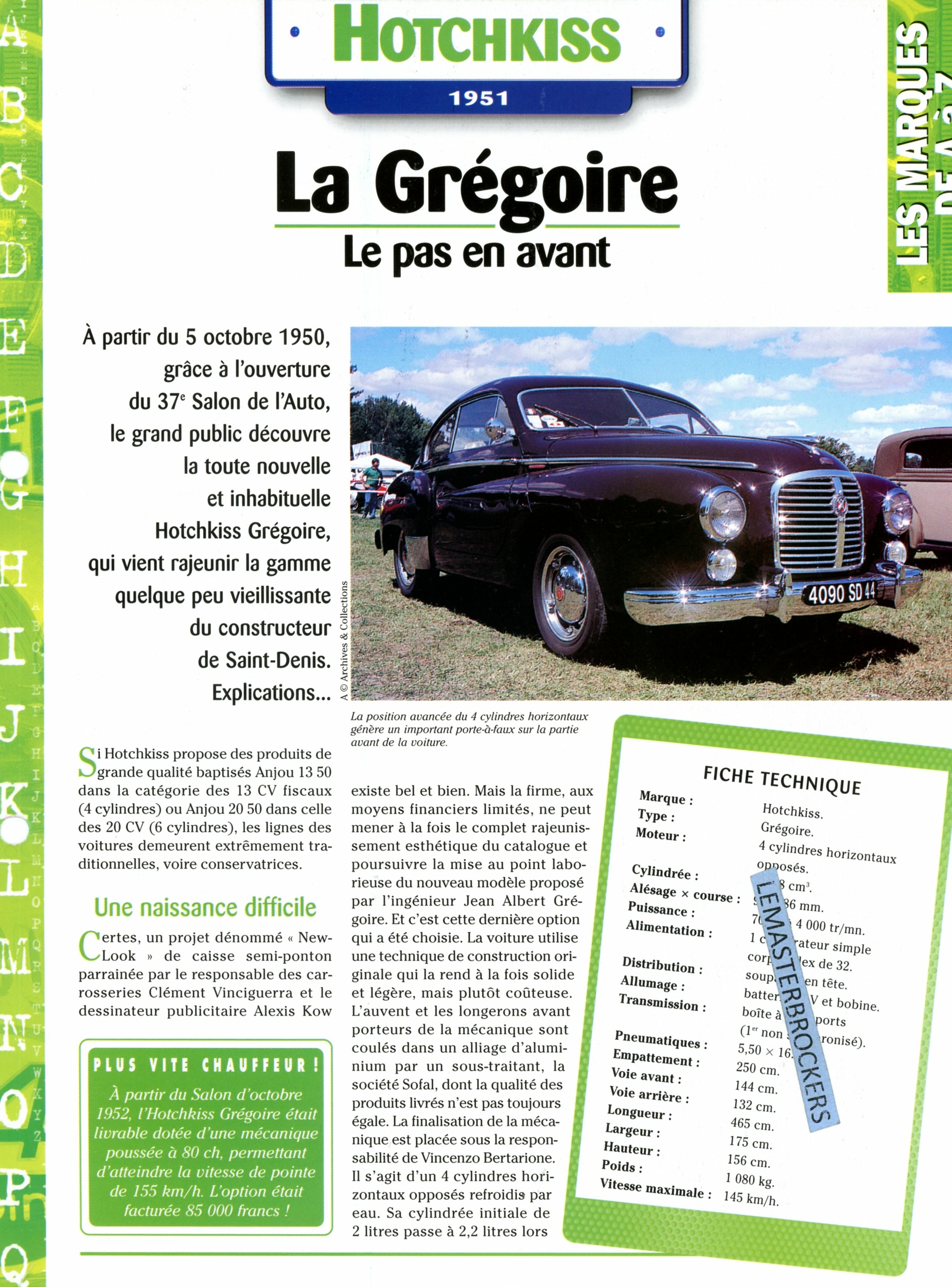 HOTCHKISS GRÉGOIRE 1951 - FICHE AUTO COLLECTION HACHETTE - FICHE TECHNIQUE