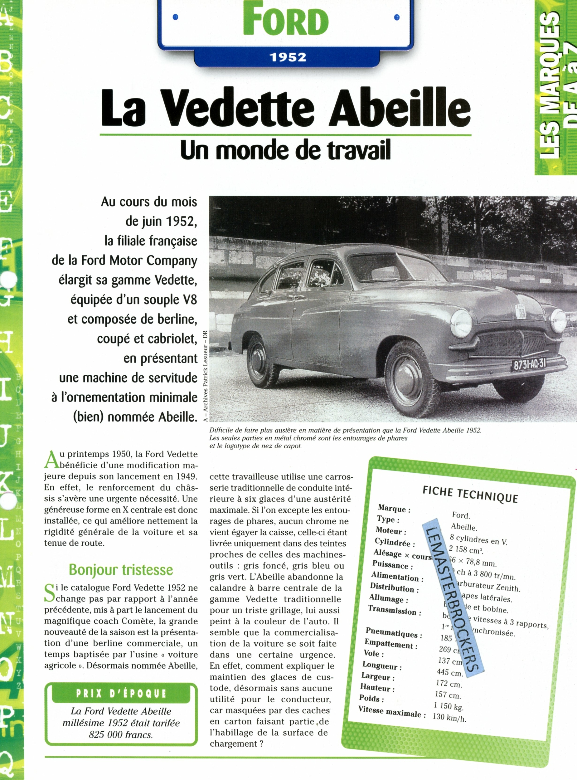 FORD VEDETTE ABEILLE 1952 - FICHE AUTO COLLECTION HACHETTE - FICHE TECHNIQUE