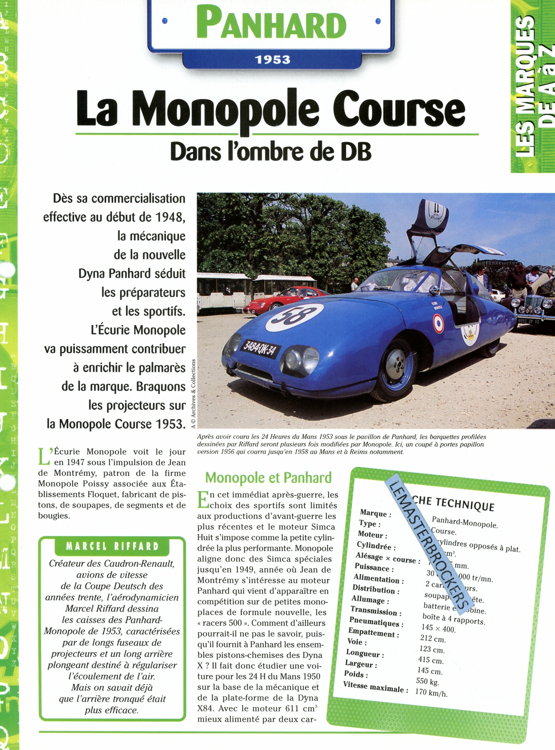 PANHARD-MONOPOLE-COURSE-1953-FICHE-AUTO-HACHETTE-LEMASTERBROCKERS