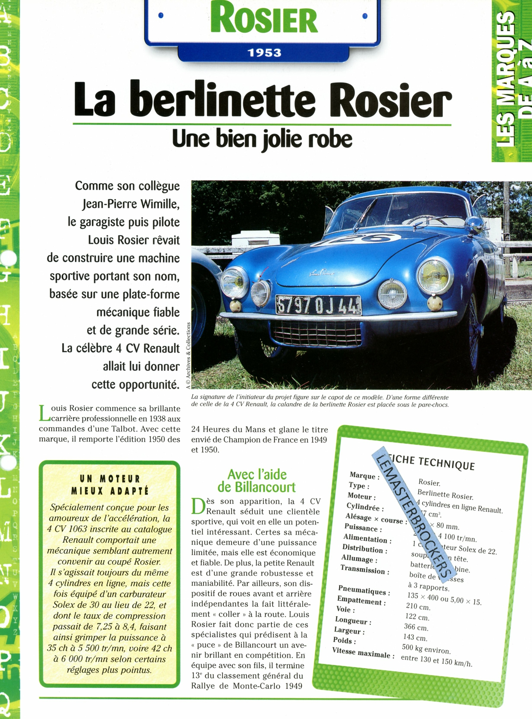 ROSIER BERLINETTE 1953 - FICHE AUTO COLLECTION HACHETTE - FICHE TECHNIQUE