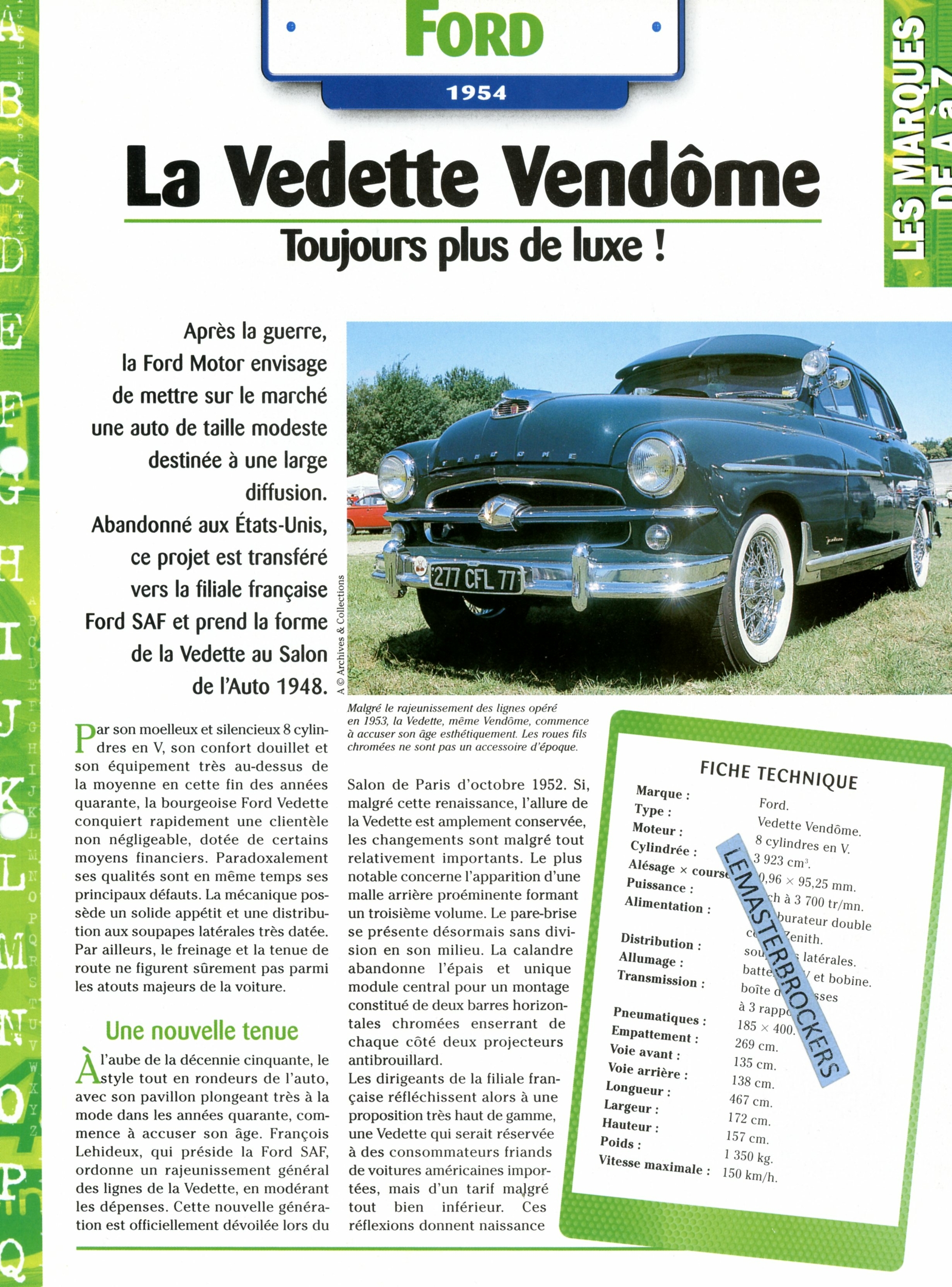 FORD VEDETTE VENDÔME 1954 - FICHE AUTO COLLECTION HACHETTE - FICHE TECHNIQUE