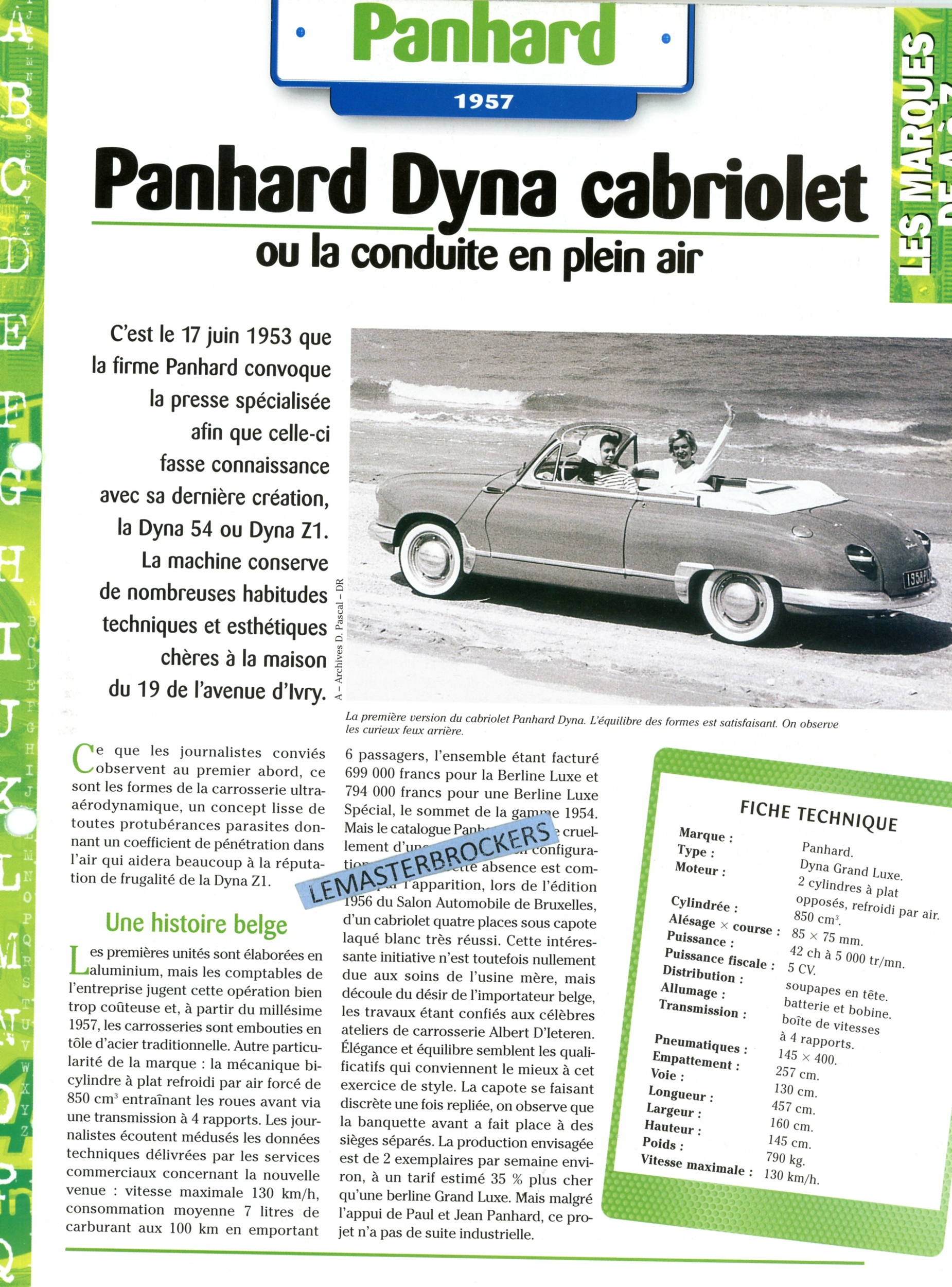 PANHARD DYNA CABRIOLET 1957 - FICHE AUTO COLLECTION HACHETTE - FICHE TECHNIQUE