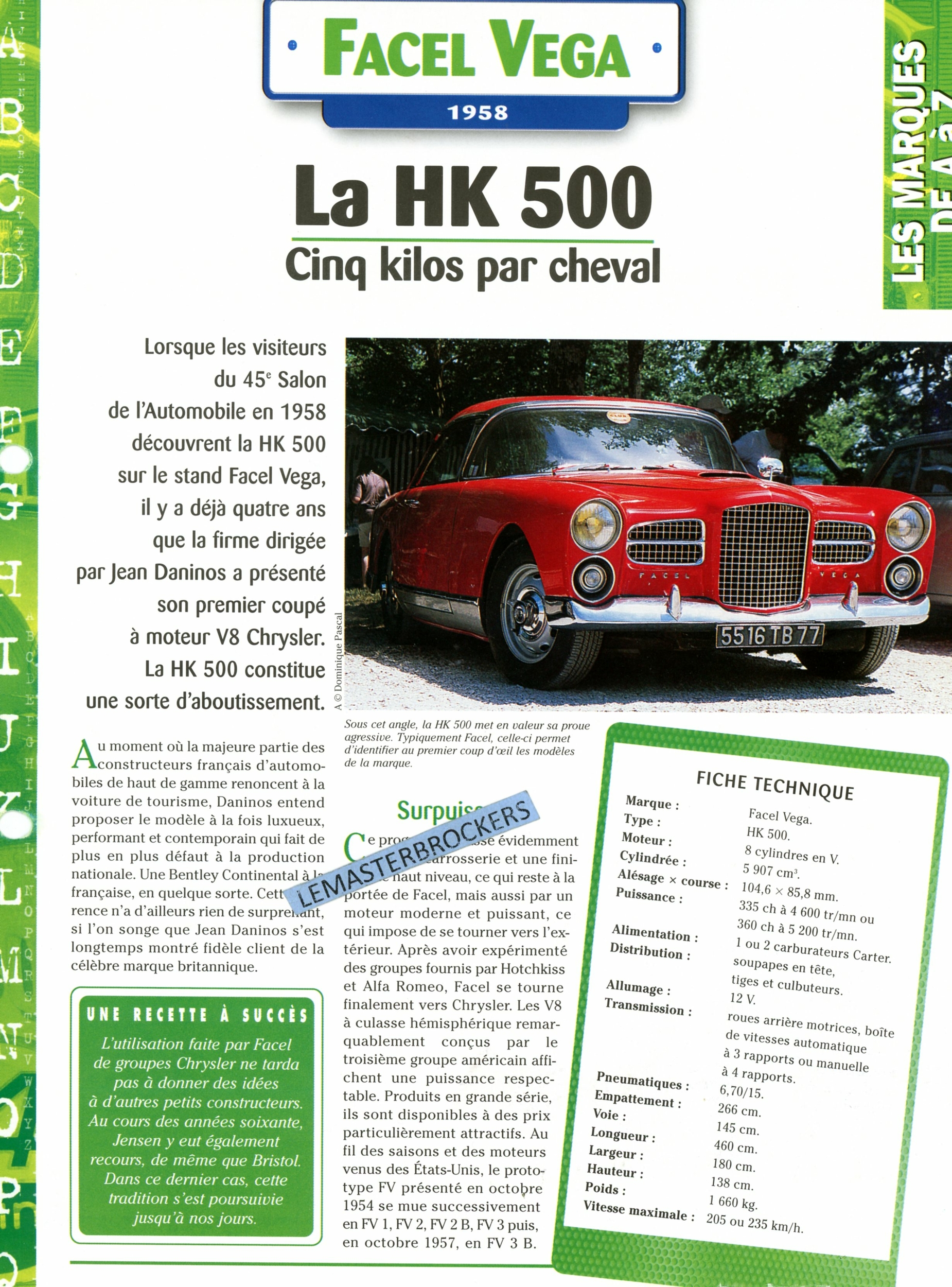 FACEL VEGA HK500 1958 - FICHE AUTO COLLECTION HACHETTE - FICHE TECHNIQUE