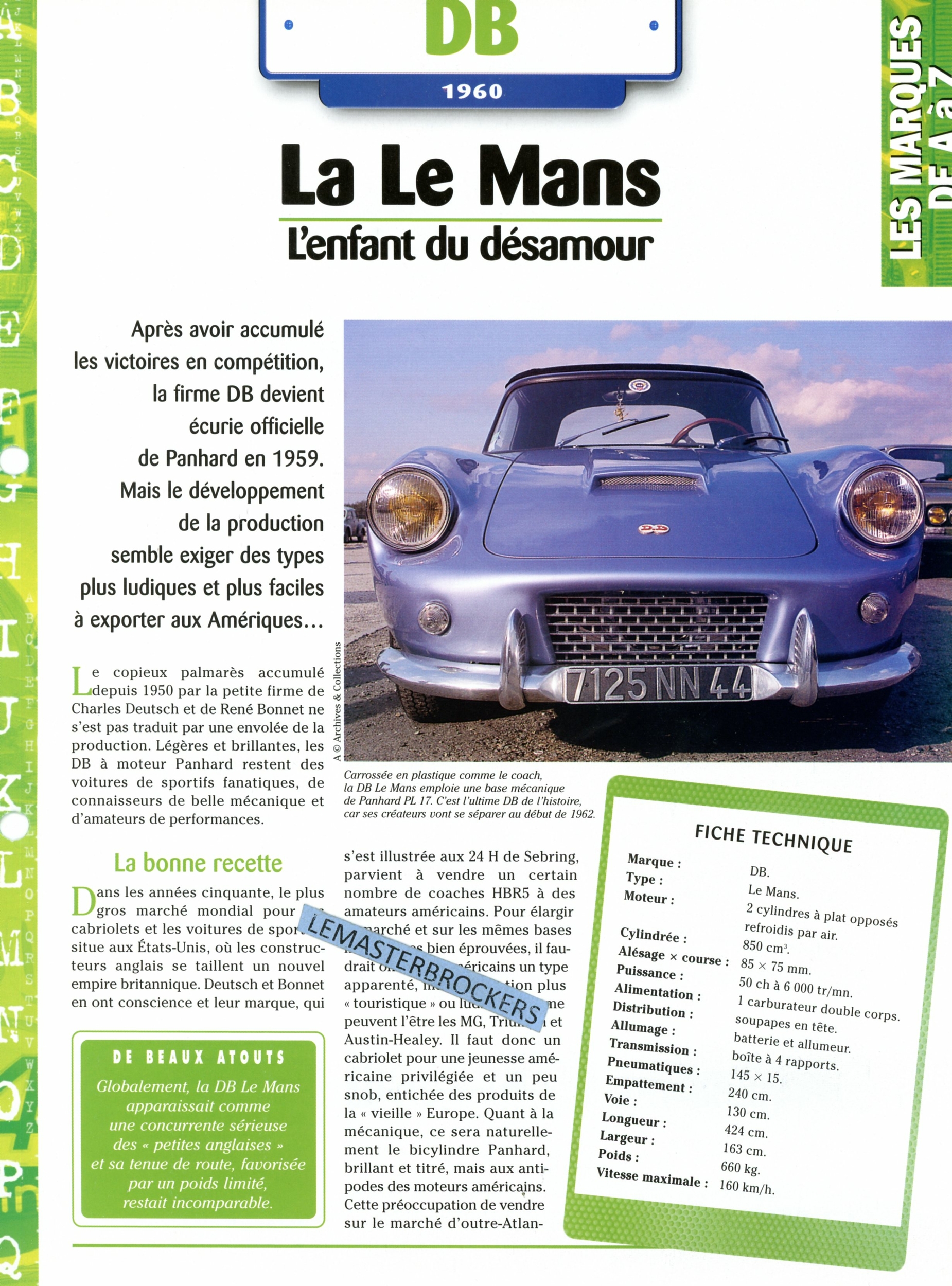 DB LE MANS 1960 - FICHE AUTO COLLECTION HACHETTE - FICHE TECHNIQUE DB LEMANS