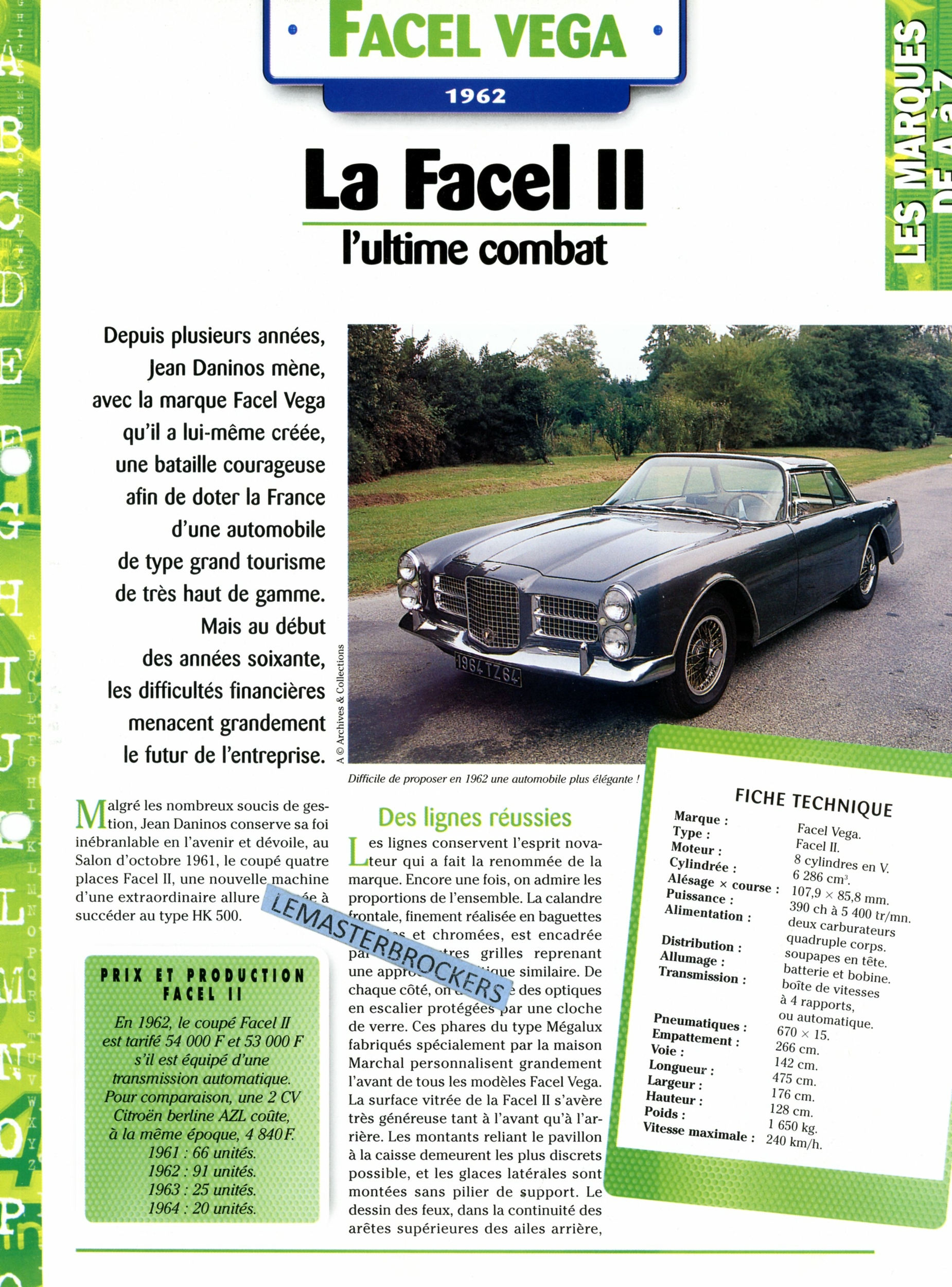 FACEL VEGA II 1962 - FICHE AUTO COLLECTION HACHETTE - FICHE TECHNIQUE FACEL-VEGA 2
