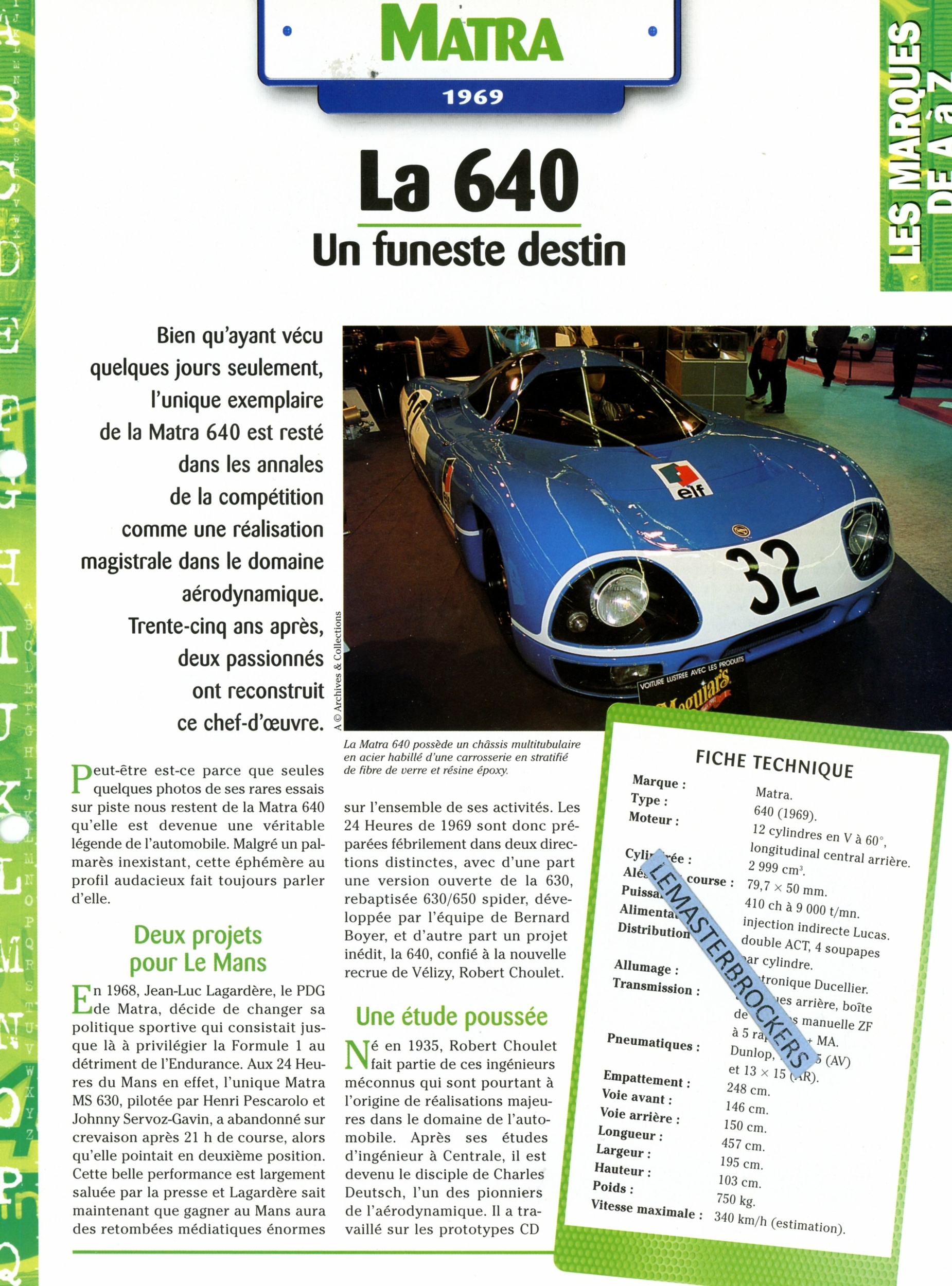 MATRA 640 1969 - FICHE AUTO COLLECTION HACHETTE - FICHE TECHNIQUE
