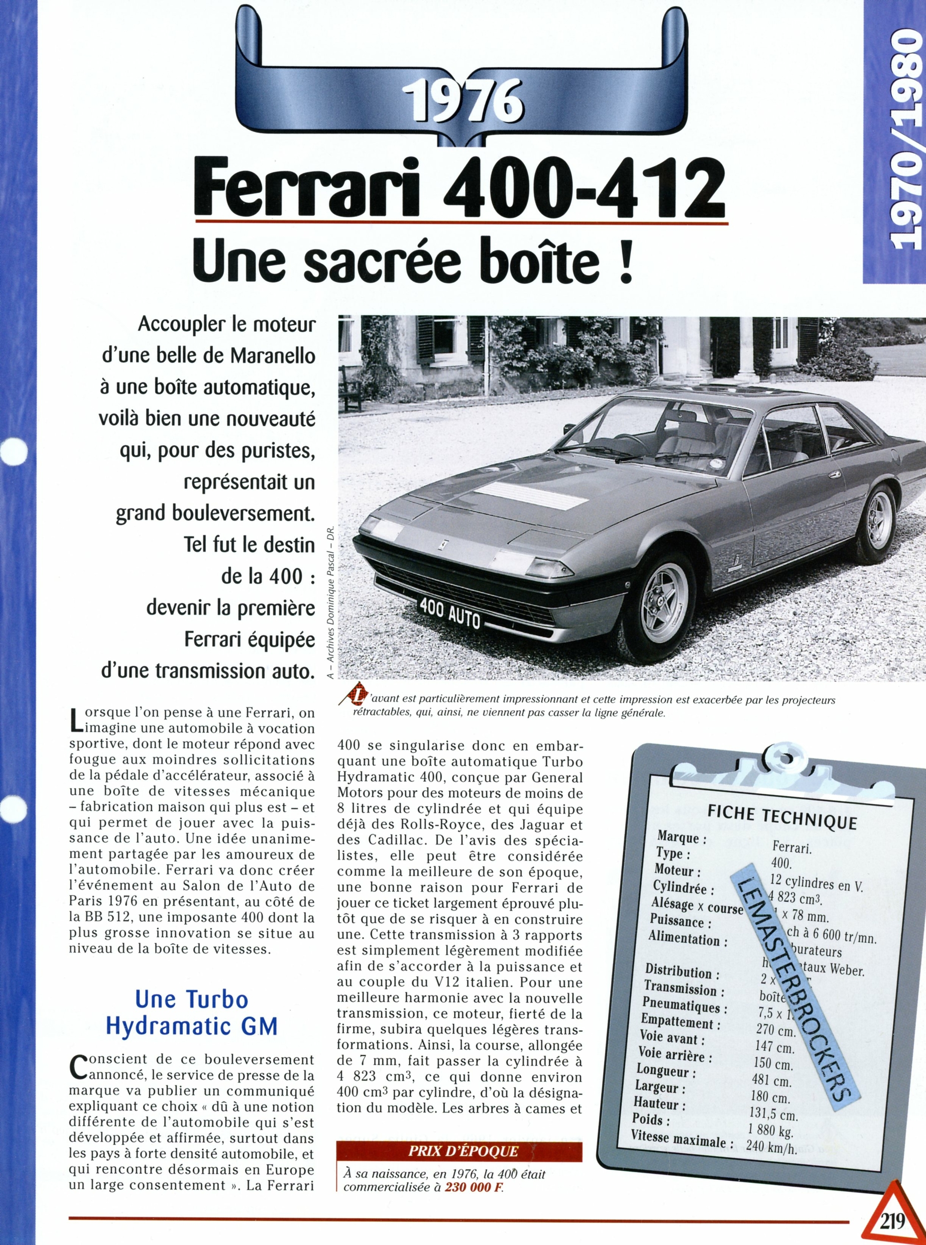 FERRARI 400 412 1976 - FICHE AUTO COLLECTION HACHETTE - FICHE TECHNIQUE