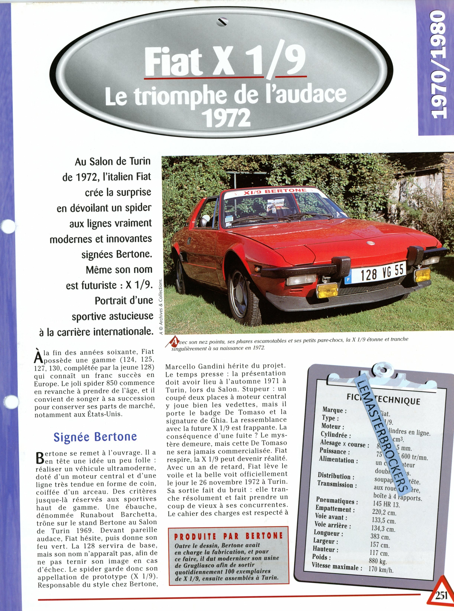 FIAT X 1/9 COUPÉ 1972 - FICHE AUTO COLLECTION HACHETTE - FICHE TECHNIQUE