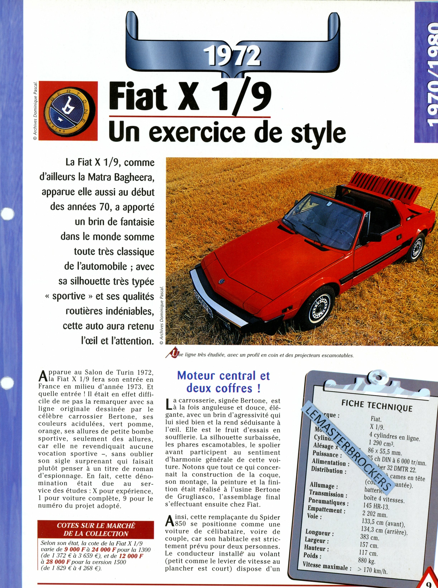 FIAT X 1/9 COUPÉ X1/9 1972 - FICHE AUTO COLLECTION HACHETTE - FICHE TECHNIQUE