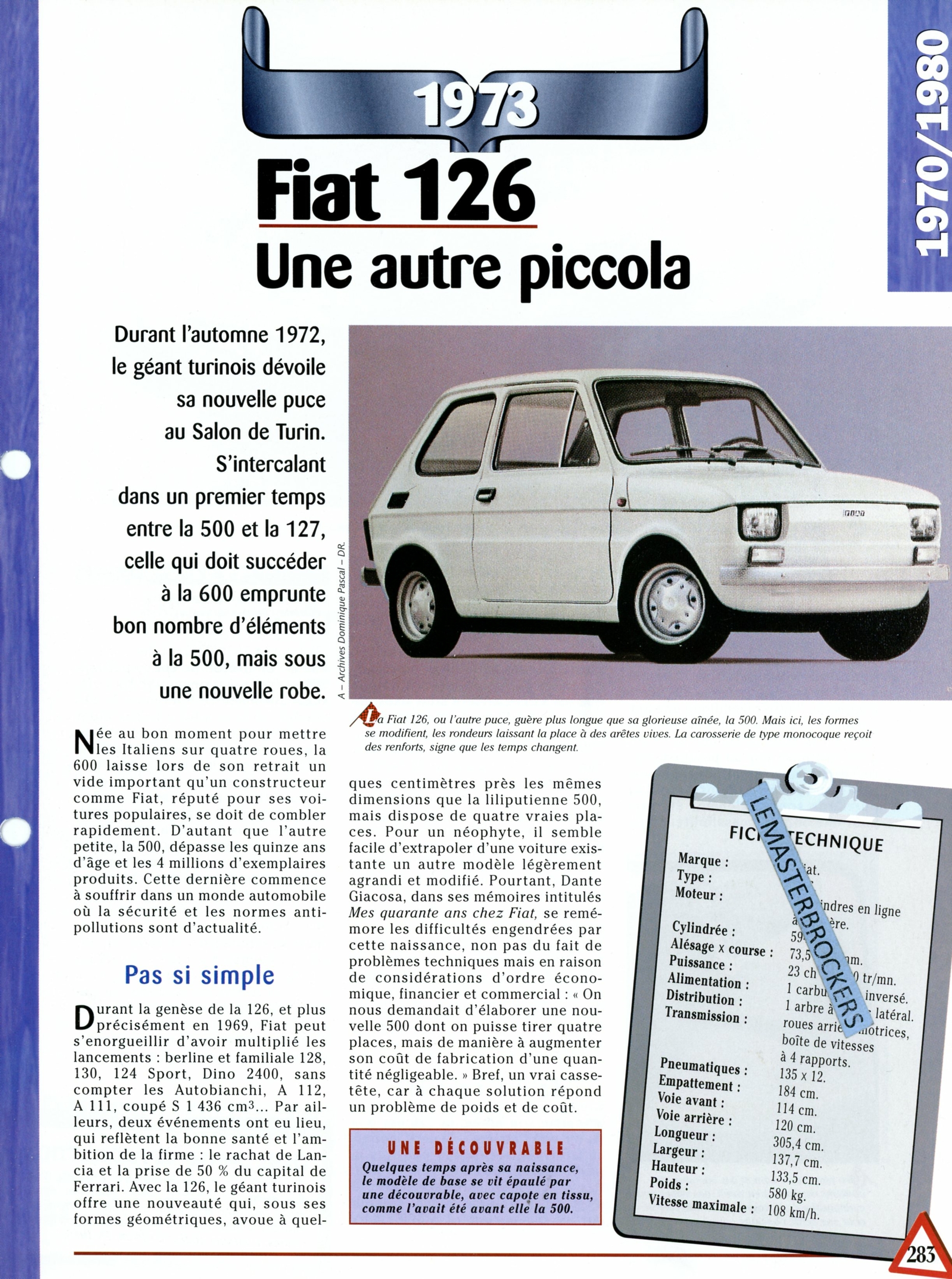 FIAT 126 1973 - FICHE AUTO COLLECTION HACHETTE - FICHE TECHNIQUE