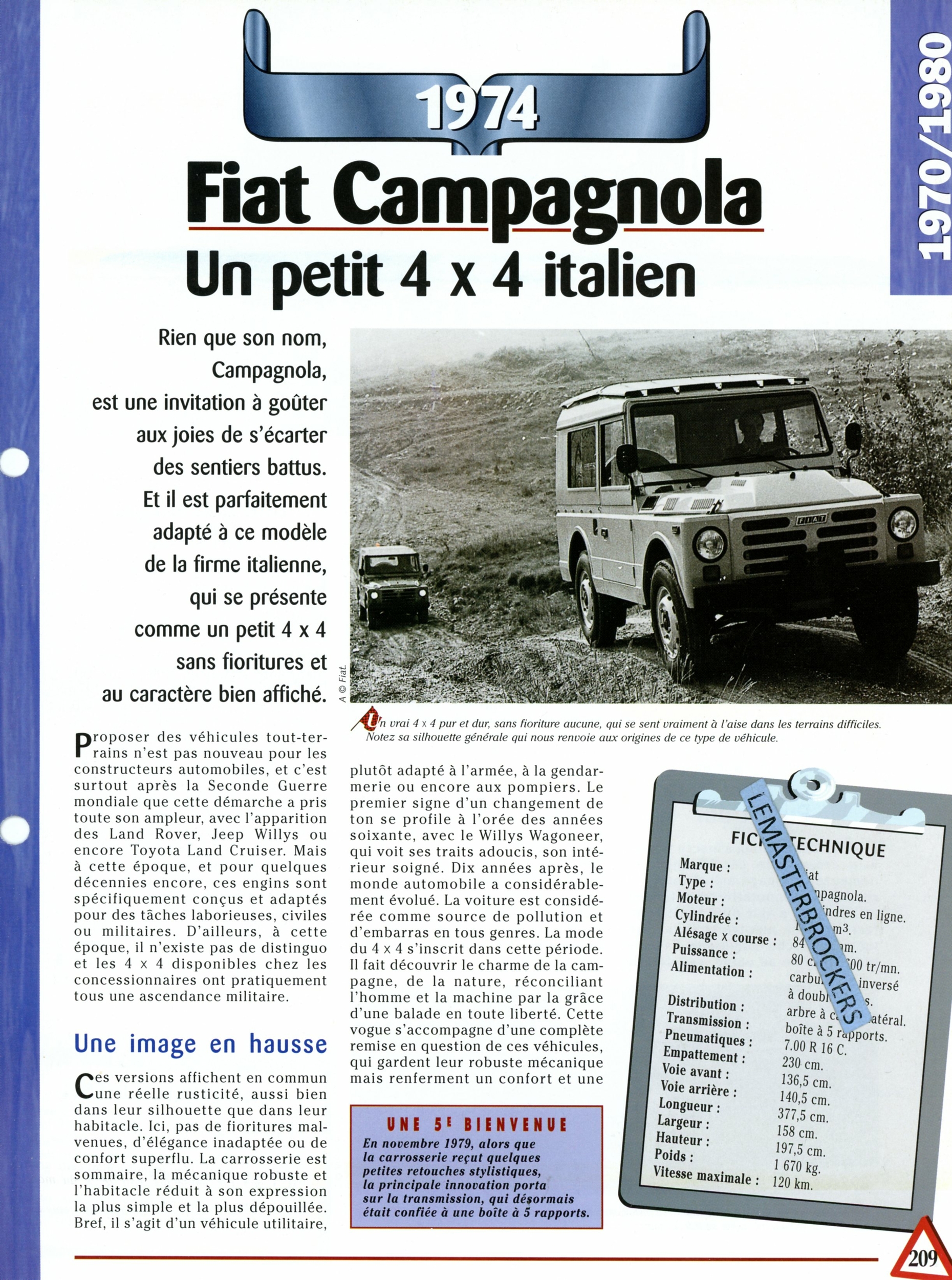 FIAT CAMPAGNOLA - FICHE AUTO COLLECTION HACHETTE - FICHE TECHNIQUE - PETIT 4X4 ITALIEN