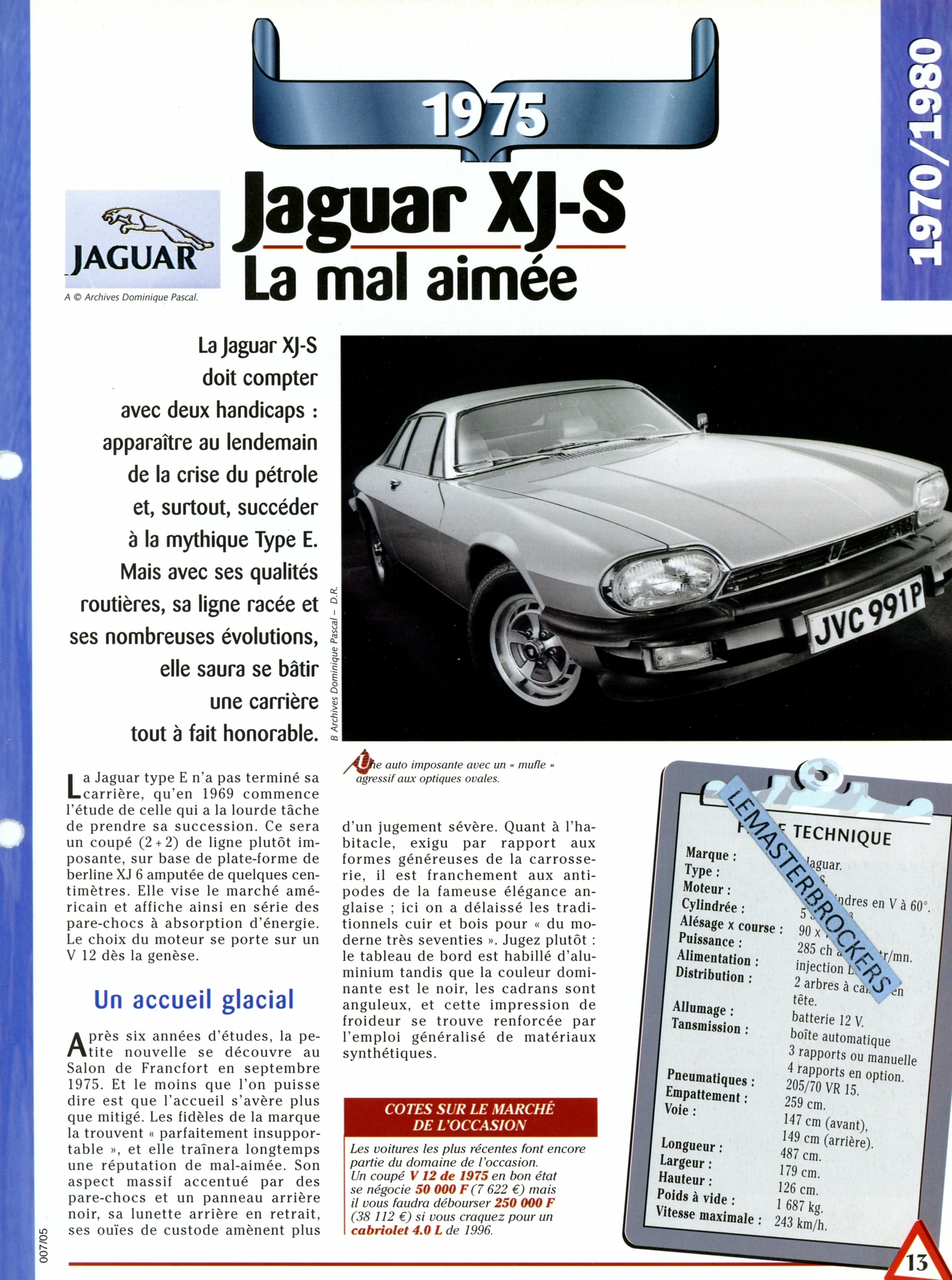 JAGUAR XJ-S 1975- FICHE AUTO COLLECTION HACHETTE - FICHE TECHNIQUE XJS