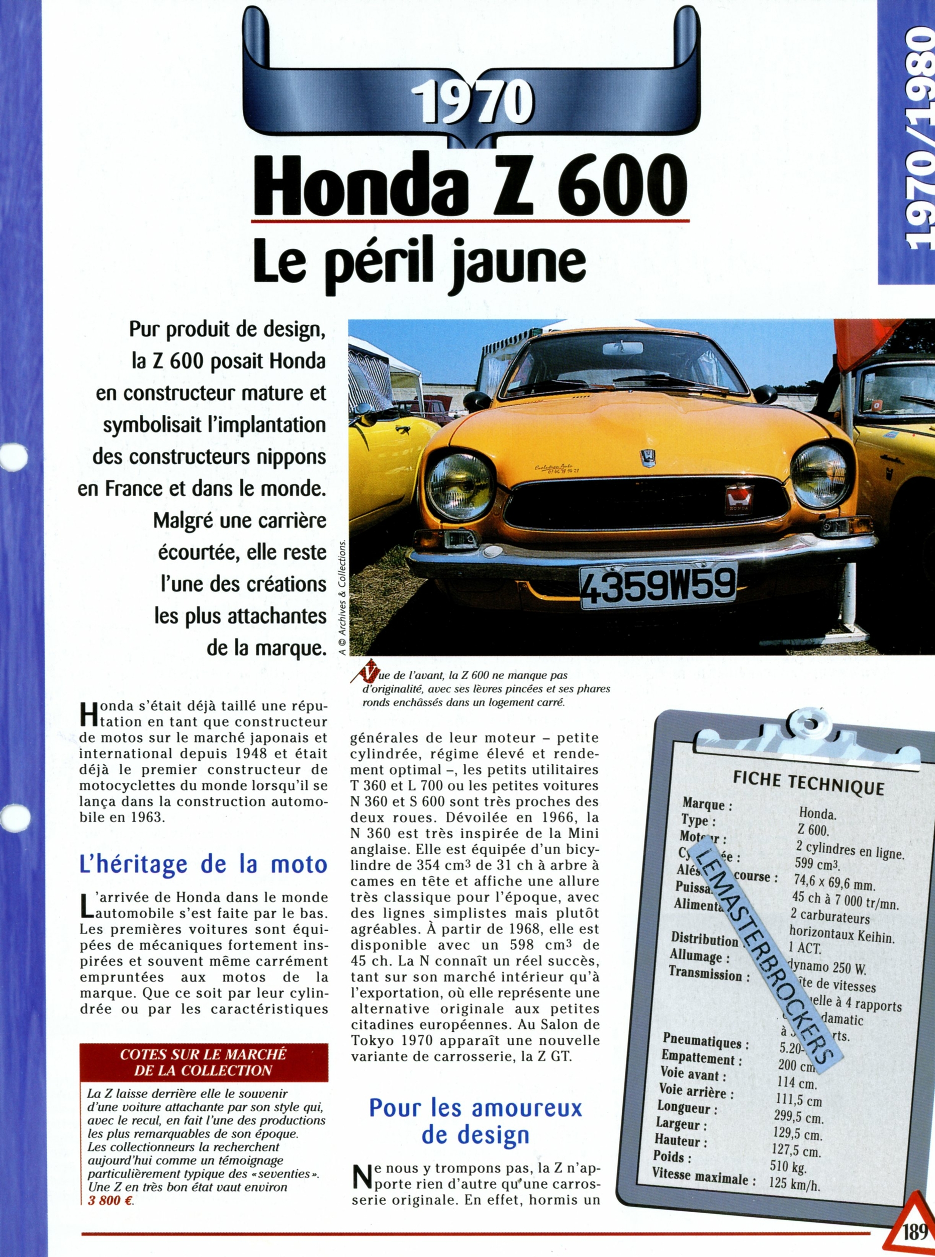 HONDA Z 600 - FICHE AUTO COLLECTION HACHETTE - FICHE TECHNIQUE Z600 1970