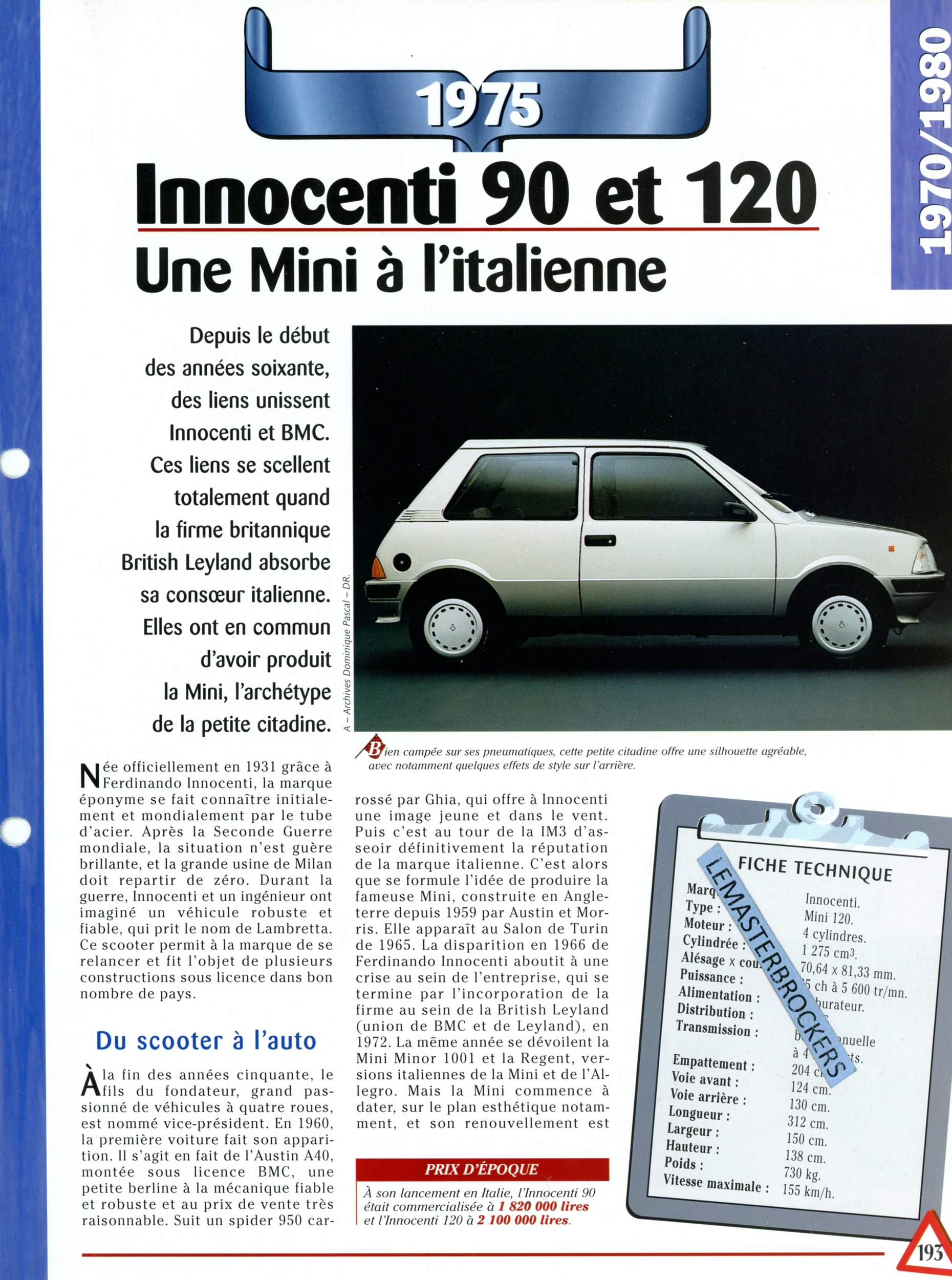 INNOCENTI 90 120 1975 - FICHE AUTO COLLECTION HACHETTE - FICHE TECHNIQUE