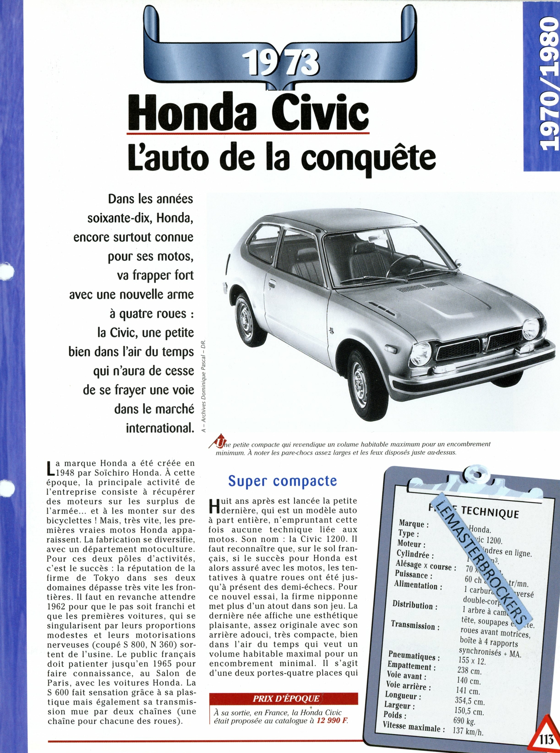 HONDA CIVIC 1973 - FICHE AUTO COLLECTION HACHETTE - FICHE TECHNIQUE CIVIC 1200