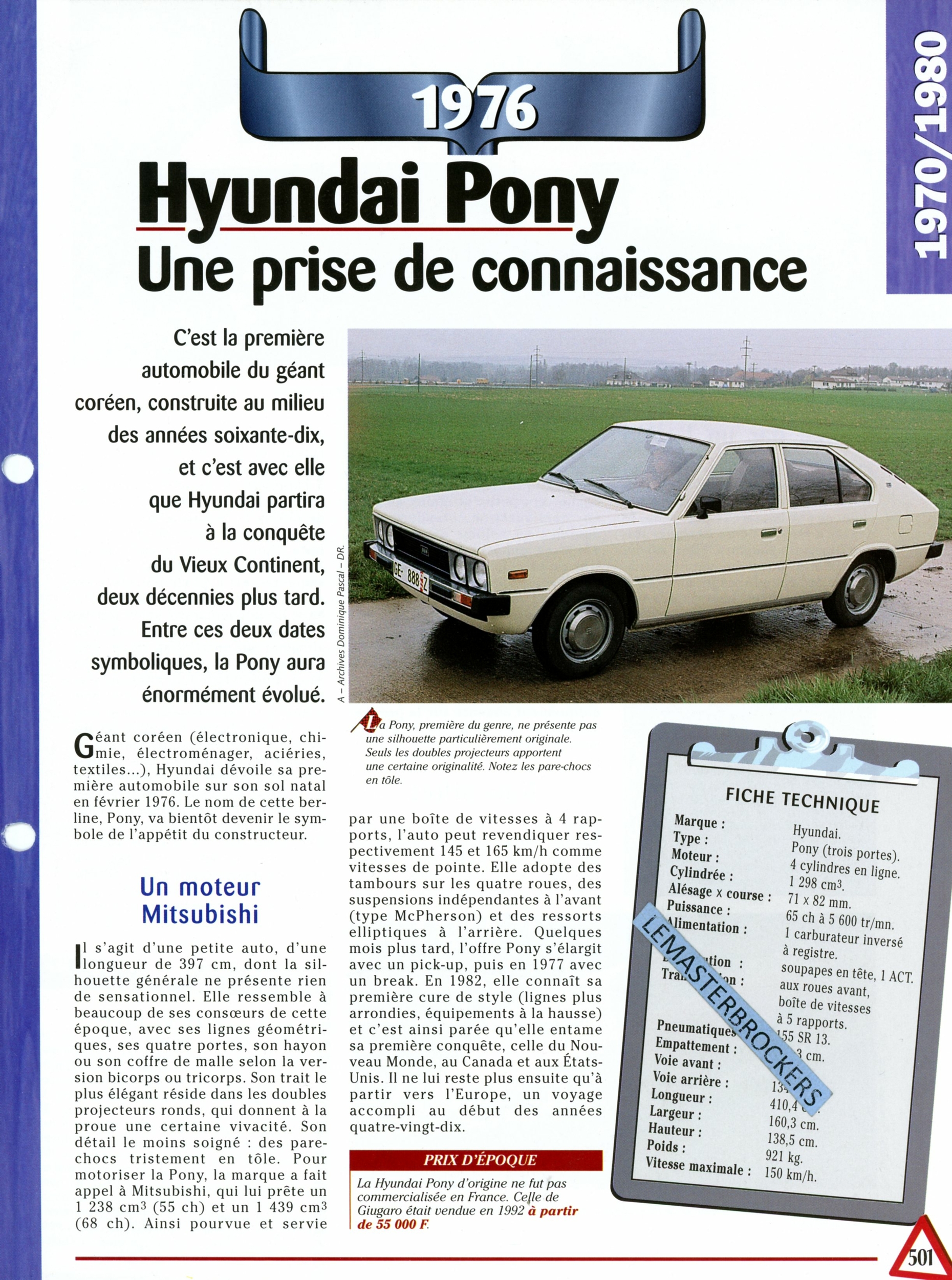 HYUNDAI PONY 1976 - FICHE AUTO COLLECTION HACHETTE - FICHE TECHNIQUE