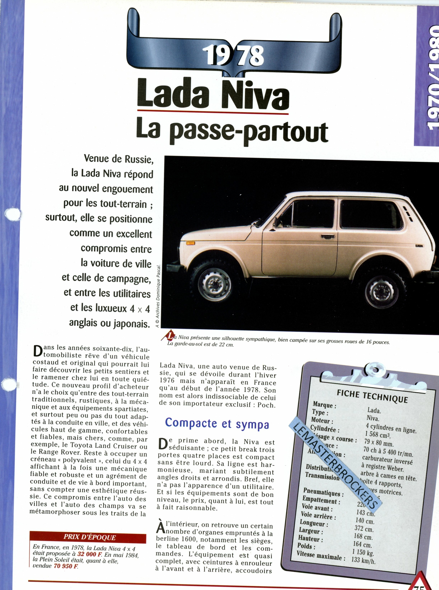LADA NIVA 4X4 1978 - FICHE AUTO COLLECTION HACHETTE - FICHE TECHNIQUE