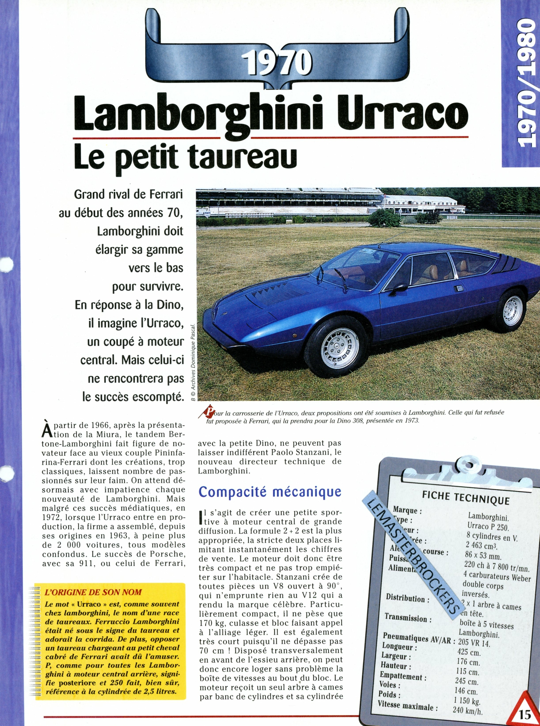 LAMBORGHINI URRACO 1970 - FICHE AUTO COLLECTION HACHETTE - FICHE TECHNIQUE