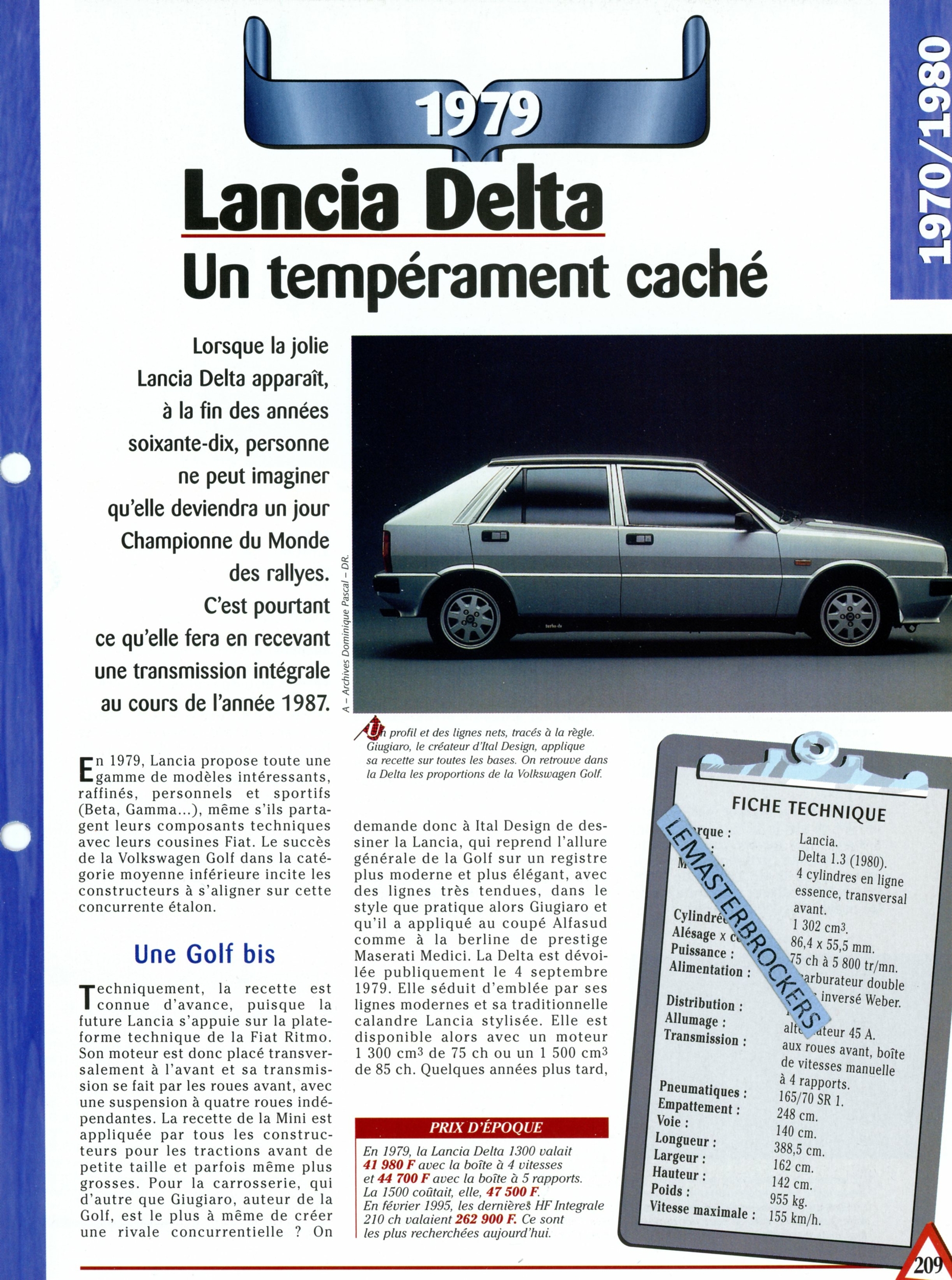 LANCIA DELTA 1979 - FICHE AUTO COLLECTION HACHETTE - FICHE TECHNIQUE