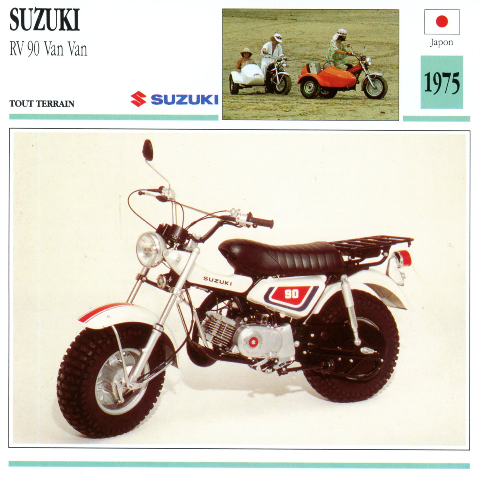SUZUKI RV90 VAN VAN - CARTE CARD FICHE MOTO CARACTERISTIQUES VANVAN 1975
