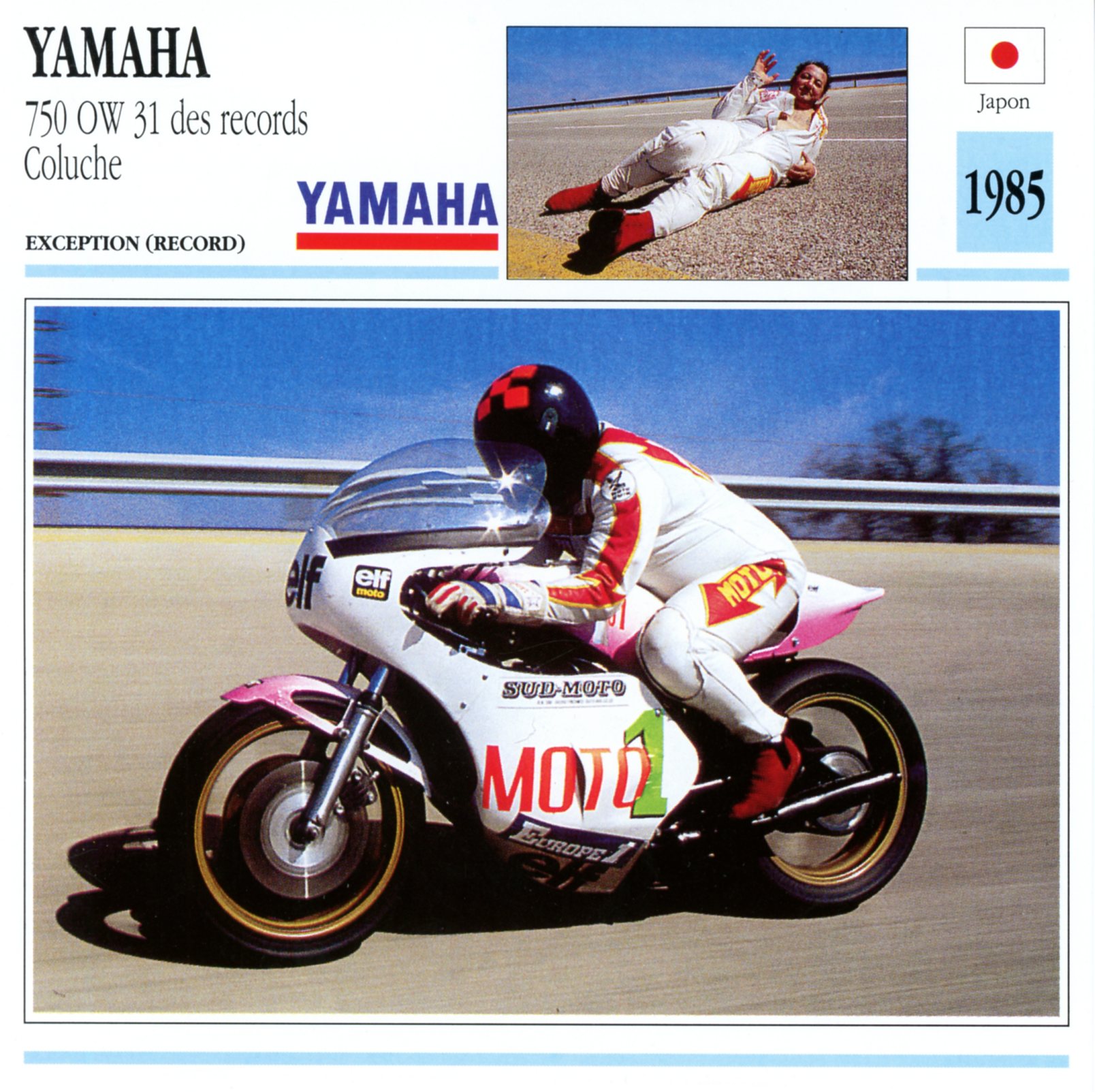 YAMAHA 750 OW31 COLUCHE-1985-CARTE-CARD-FICHE-MOTO-LEMASTERBROCKERS