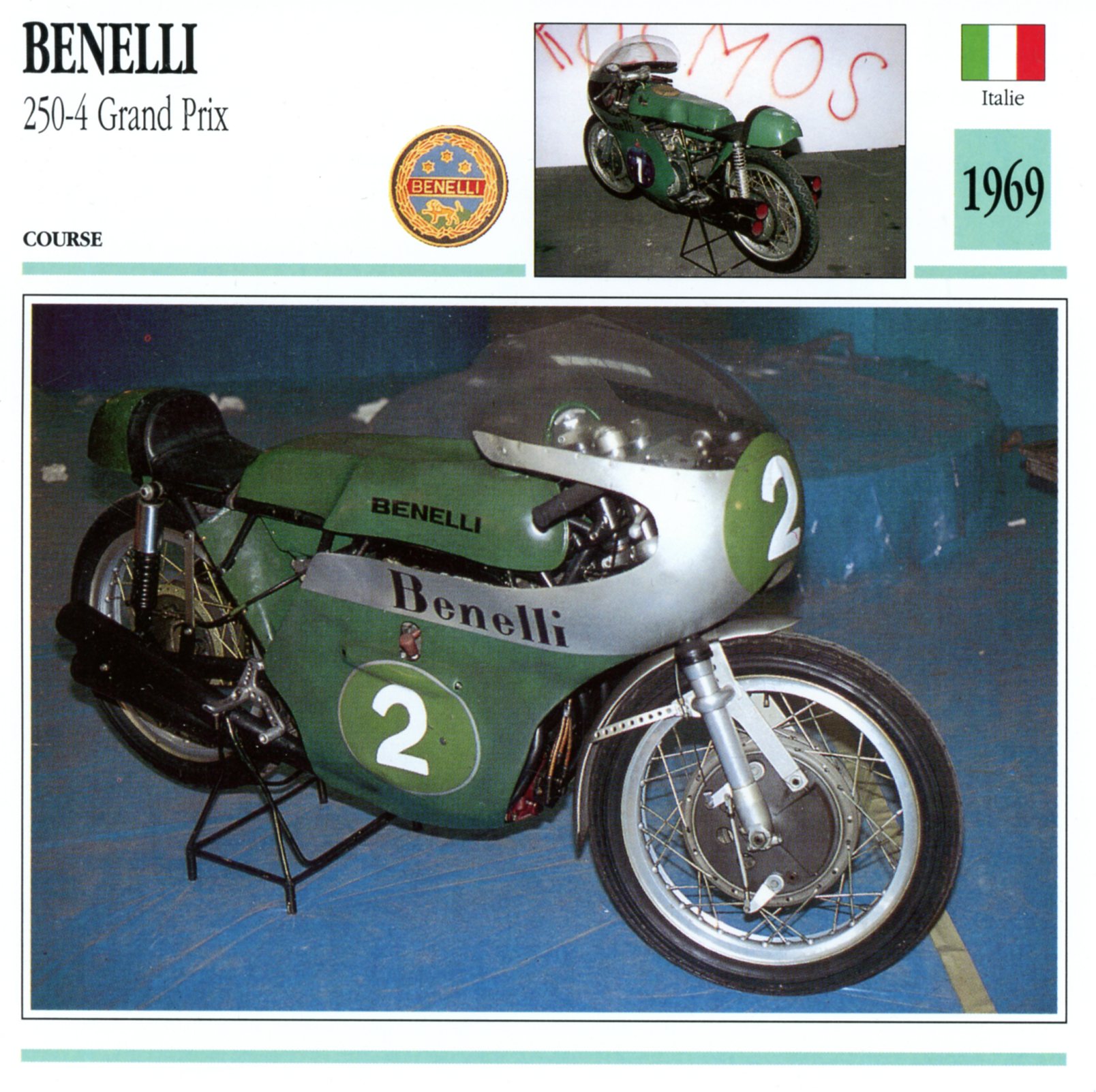 BENELLI 250 4 GRAND PRIX 1969 - CARTE CARD FICHE MOTO CARACTERISTIQUES
