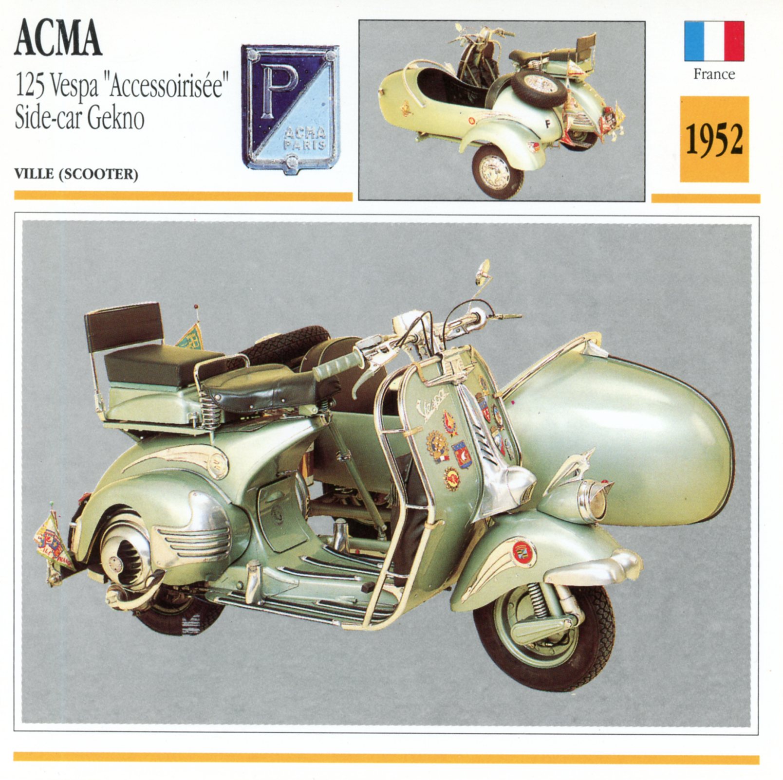 ACMA VESPA SIDE-CAR GEKNO  1952 - CARTE CARD PIAGGIO FICHE SCOOTER CARACTERISTIQUES