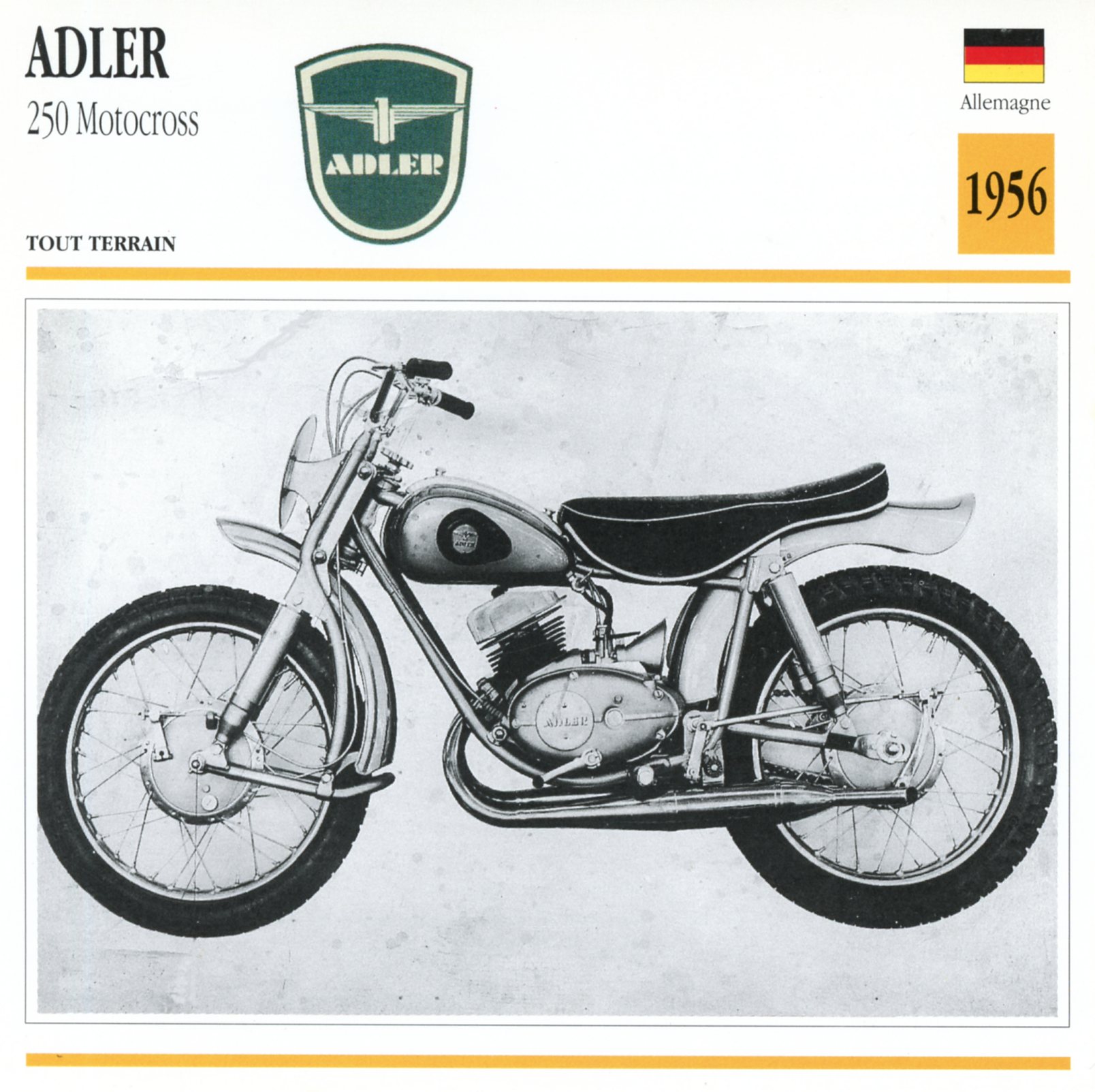 ADLER 250 MOTOCROSS 1956 - CARTE CARD FICHE MOTO CARACTERISTIQUES