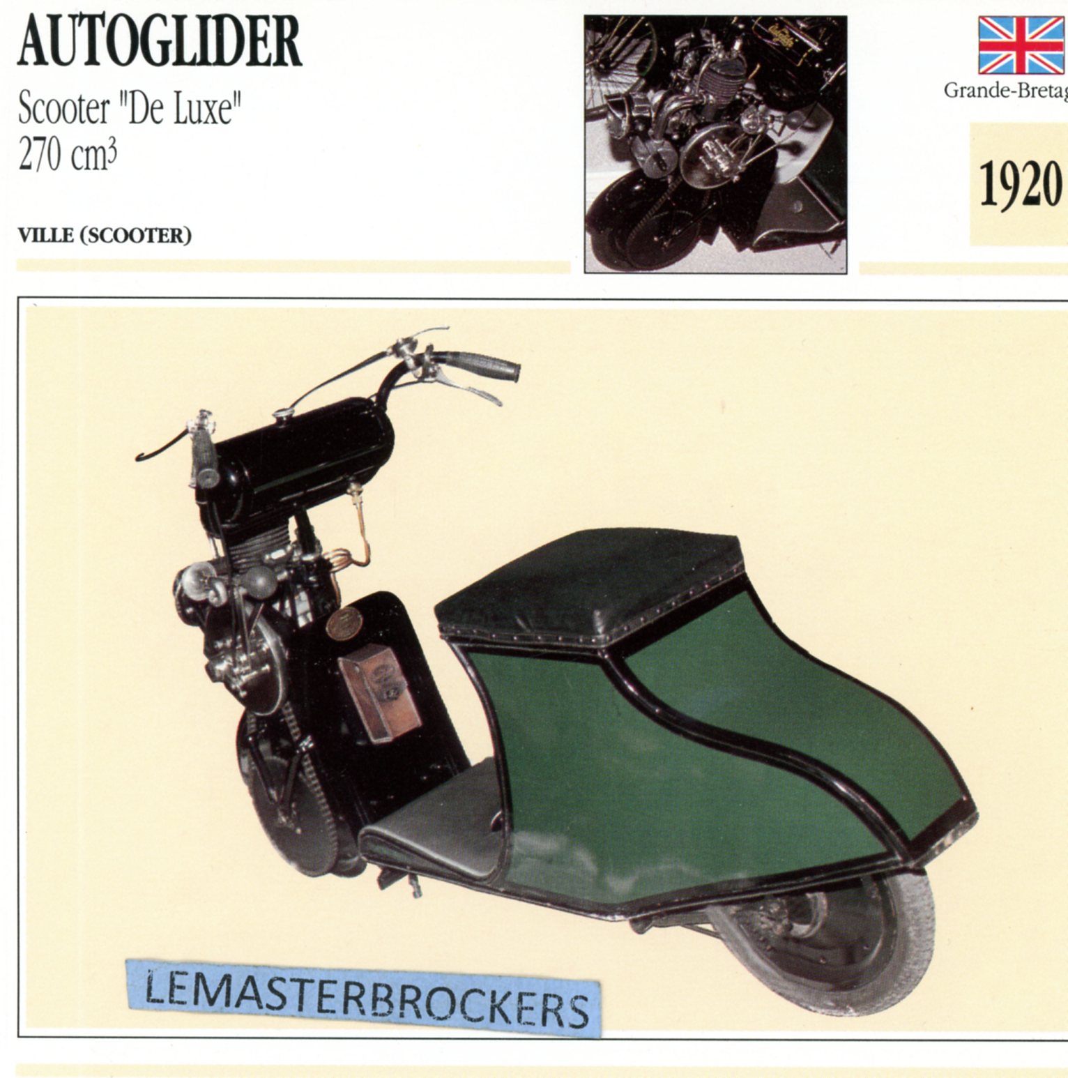 AUTOGLIDER SCOOTER LUXE 1920-CARTE-CARD-FICHE-SCOOTER-LEMASTERBROCKERS