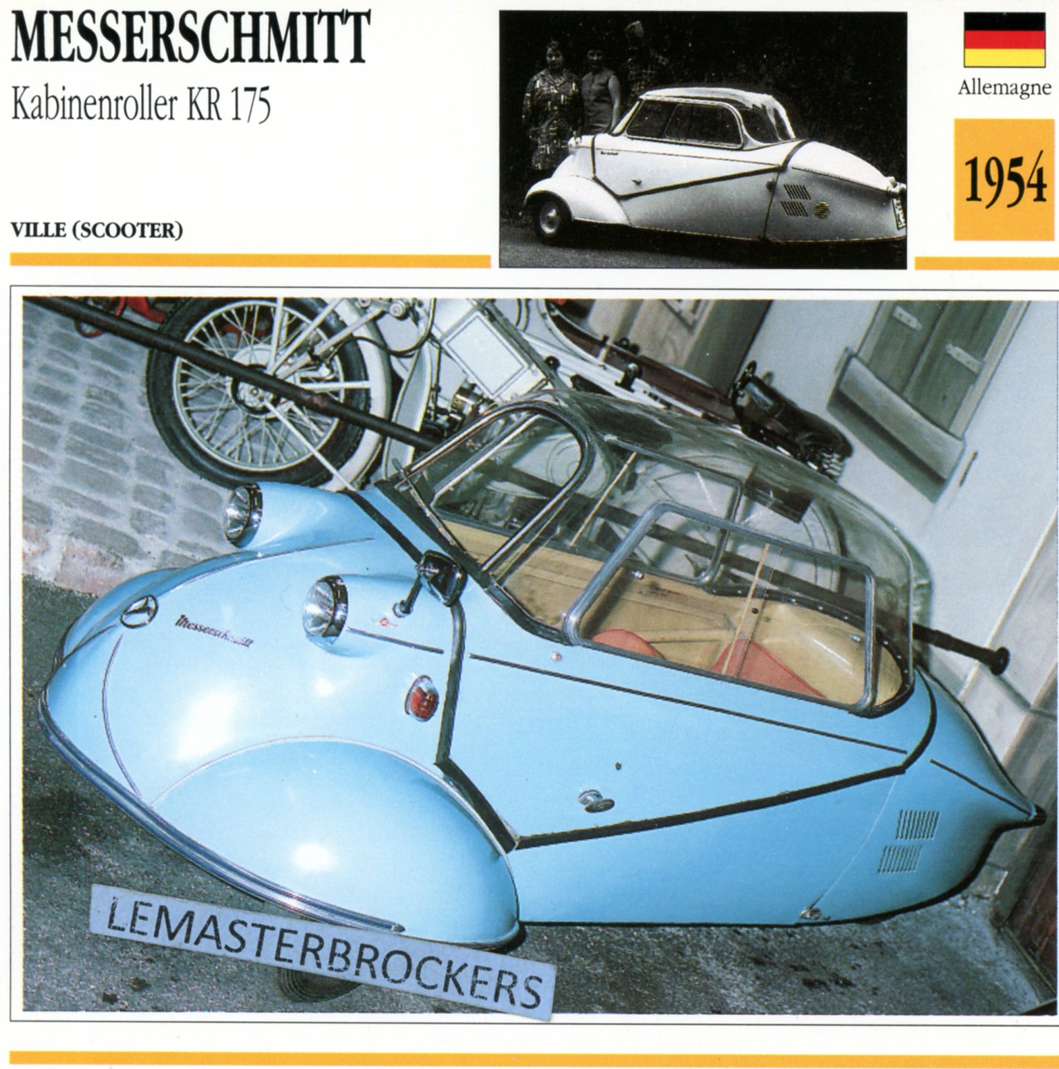 MESSERSCHMITT KR 175 KABINENROLLER 1954 - CARTE CARD FICHE MOTO CARACTERISTIQUES