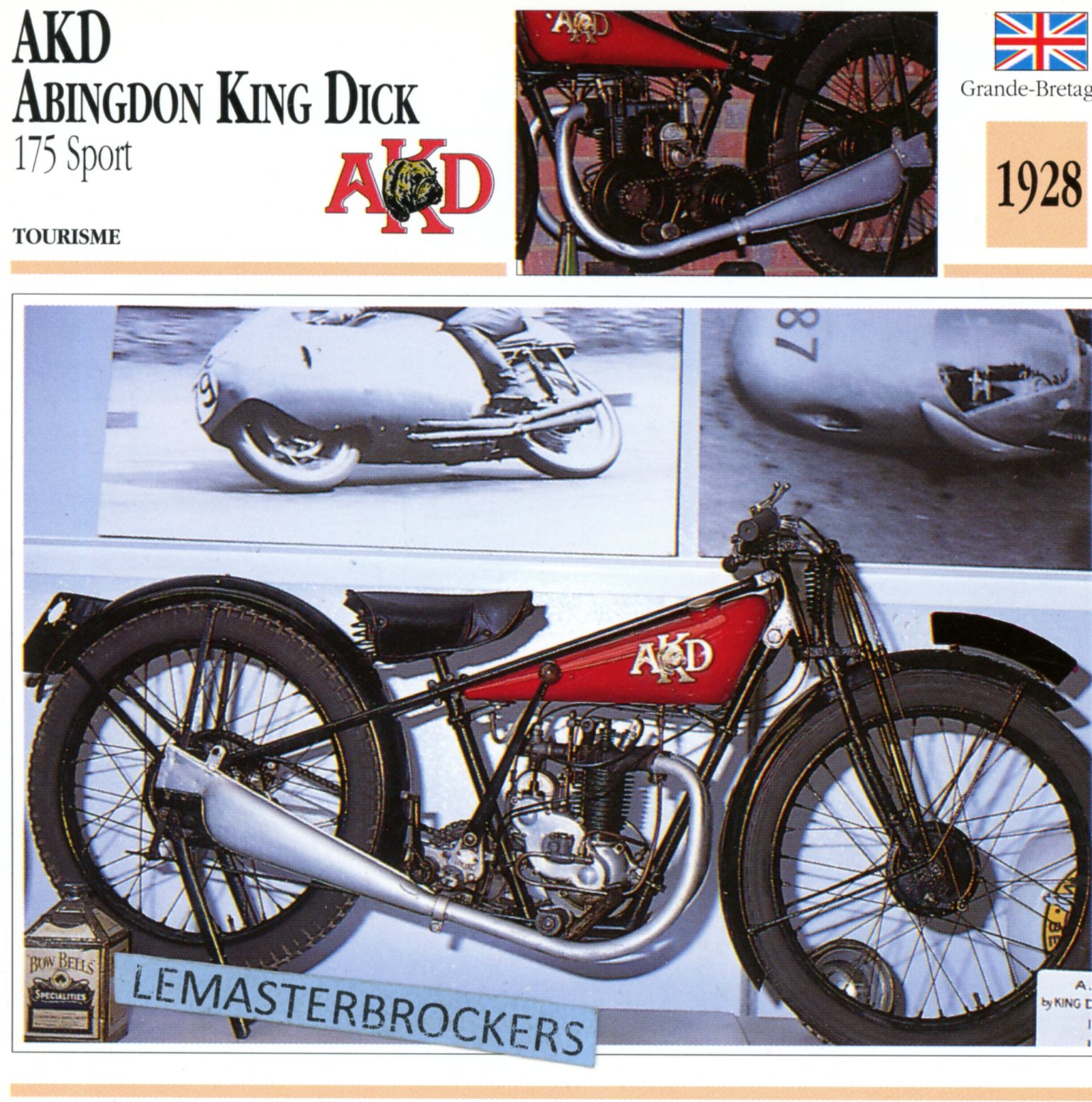 AKD ABINGDON KING DICK 175 SPORT  - 1928 - CARTE CARD FICHE MOTO CARACTERISTIQUES
