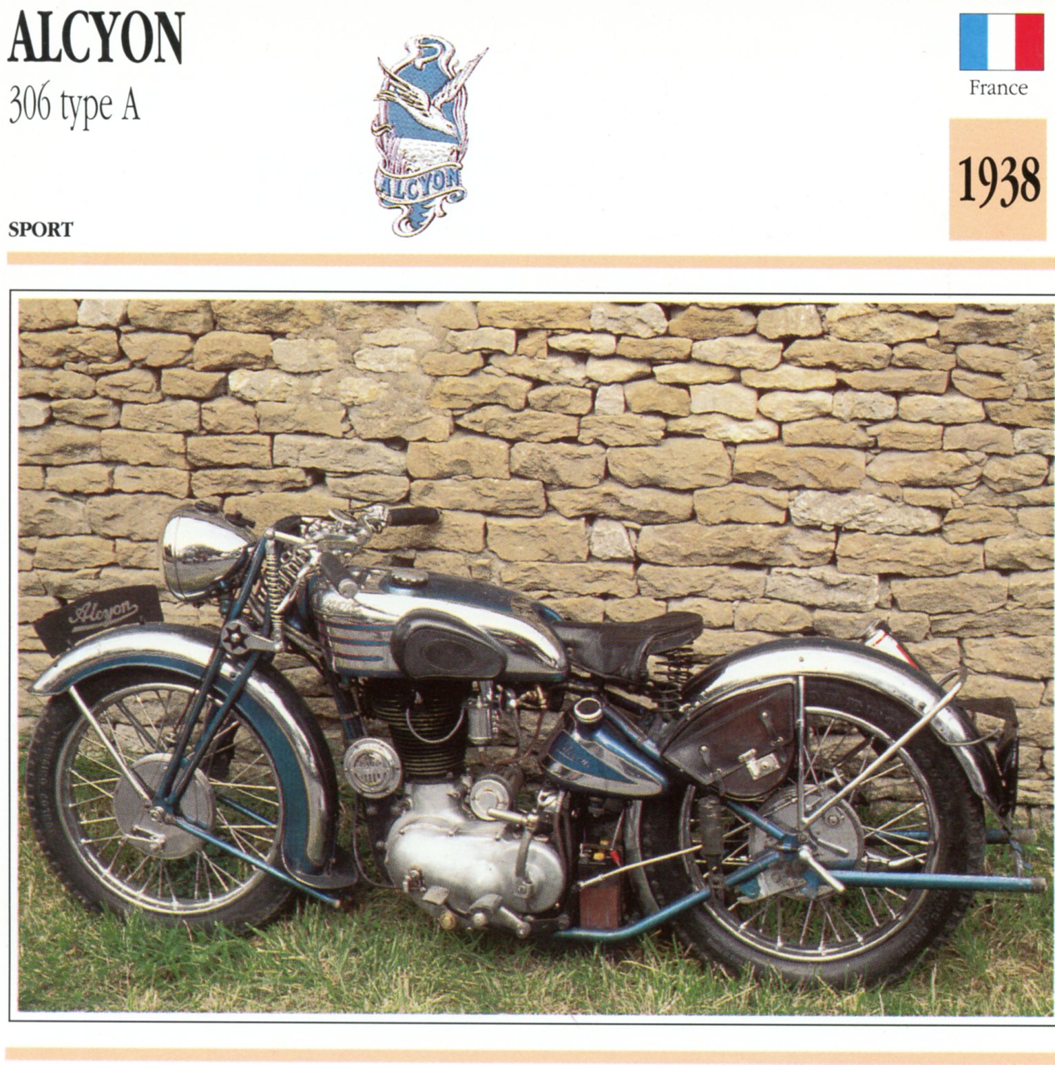 ALCYON 306 TYPE A 1938 - CARTE CARD FICHE MOTO CARACTERISTIQUES