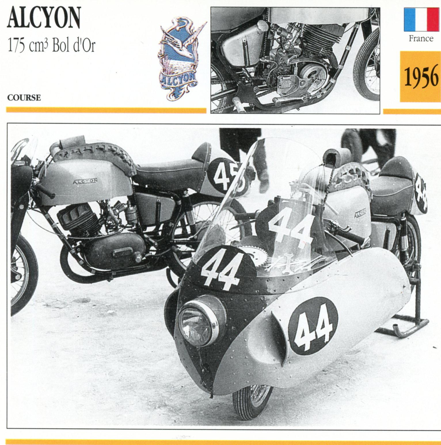 ALCYON 175 BOL D\'OR 1956 - CARTE CARD FICHE MOTO CARACTERISTIQUES
