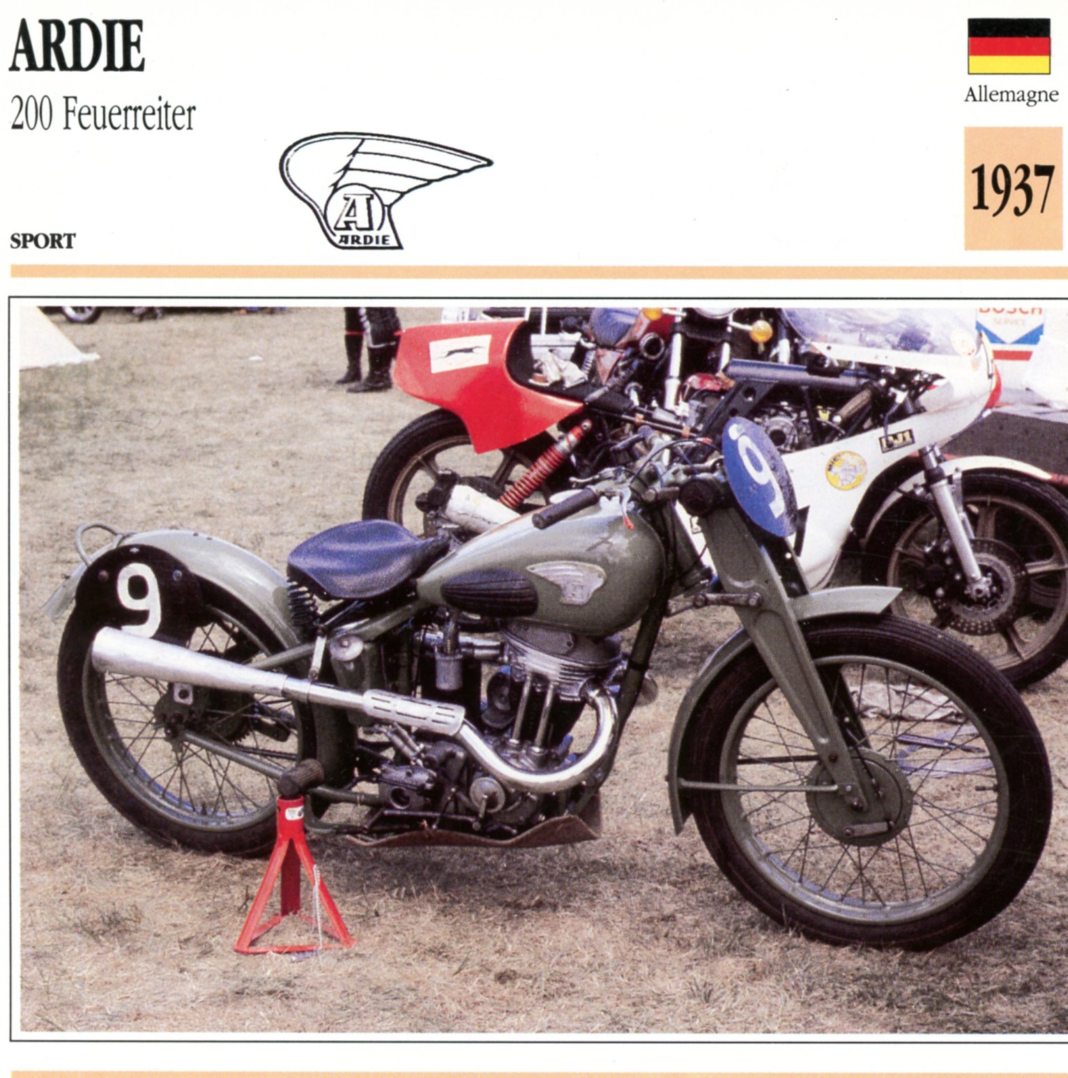 ARDIE 200 FEUERREITER 1937 - CARTE CARD FICHE MOTO CARACTERISTIQUES