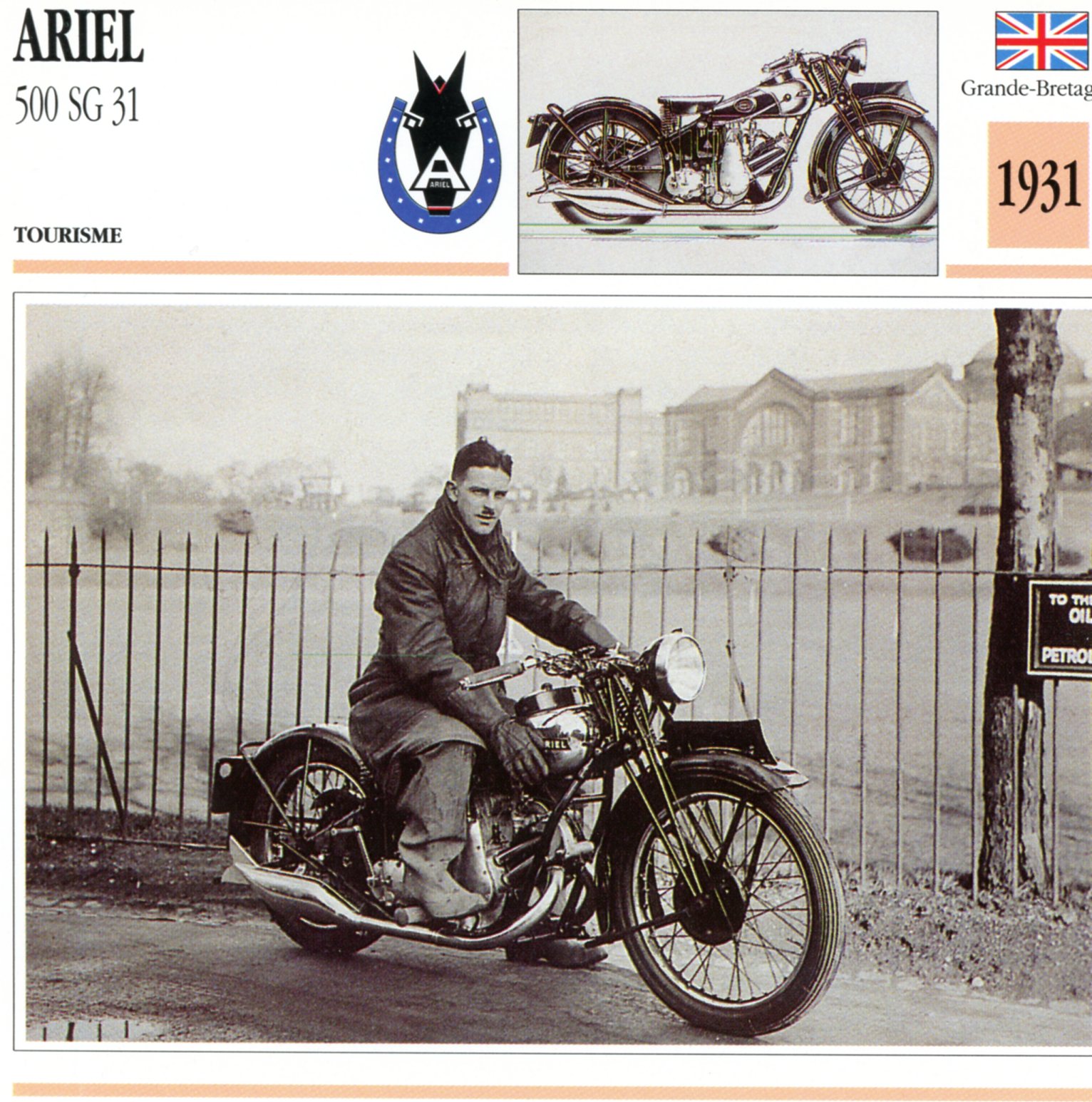 ARIEL 500 SG 31 1931 - CARTE CARD FICHE MOTO CARACTERISTIQUES
