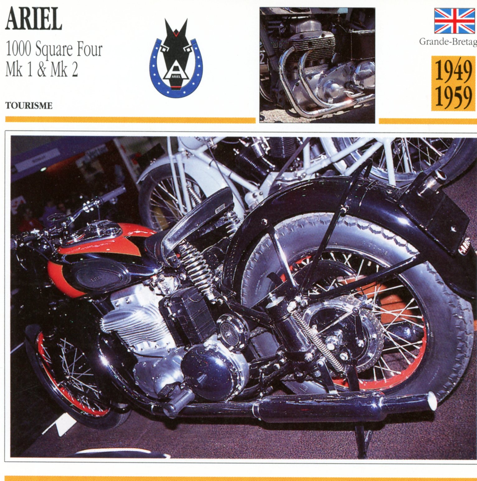 ARIEL 1000 SQUARE FOUR MK1 MK2 - CARTE CARD FICHE MOTO CARACTERISTIQUES