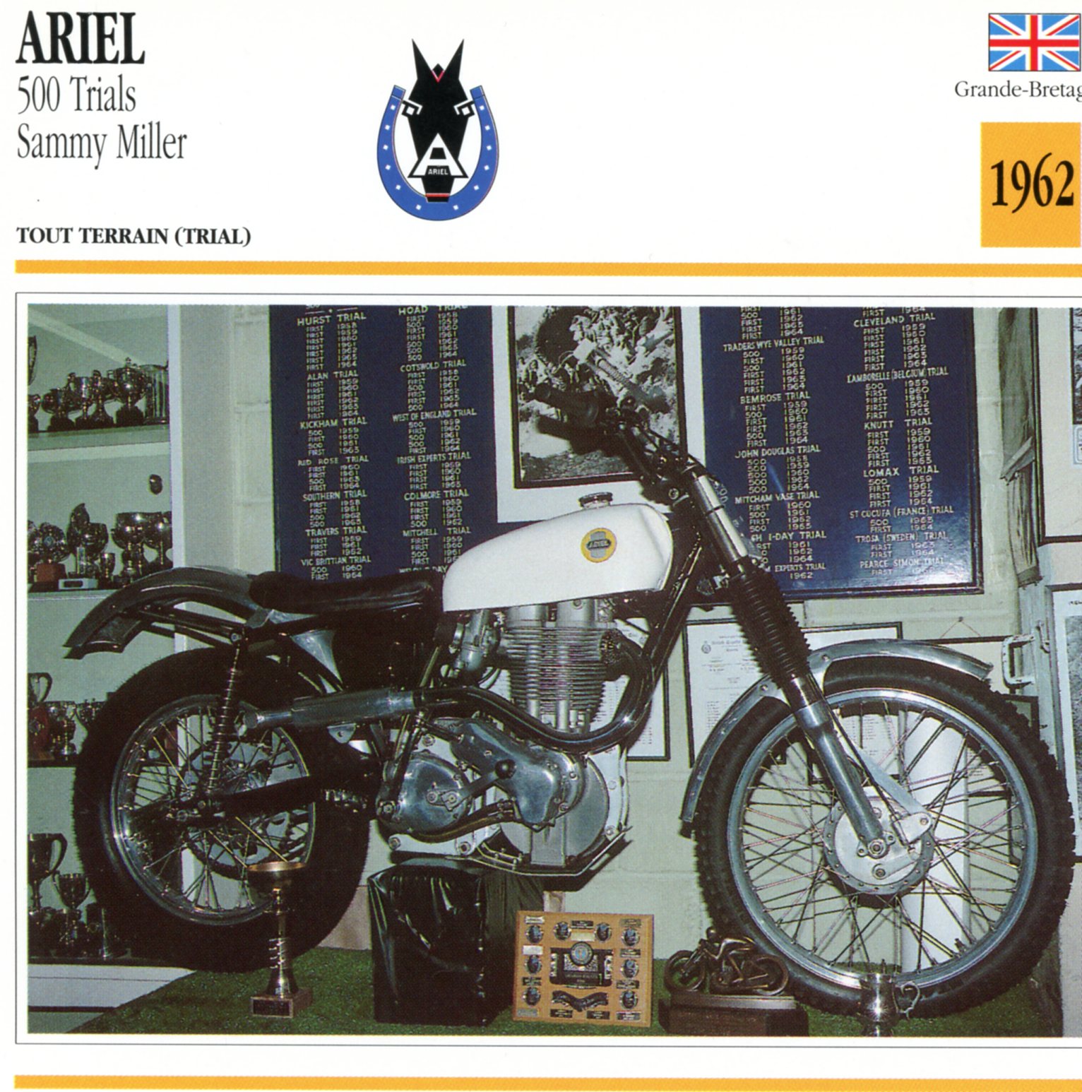 ARIEL 500 TRIALS SAMMY MILLER 1962 - CARTE CARD FICHE MOTO CARACTERISTIQUES