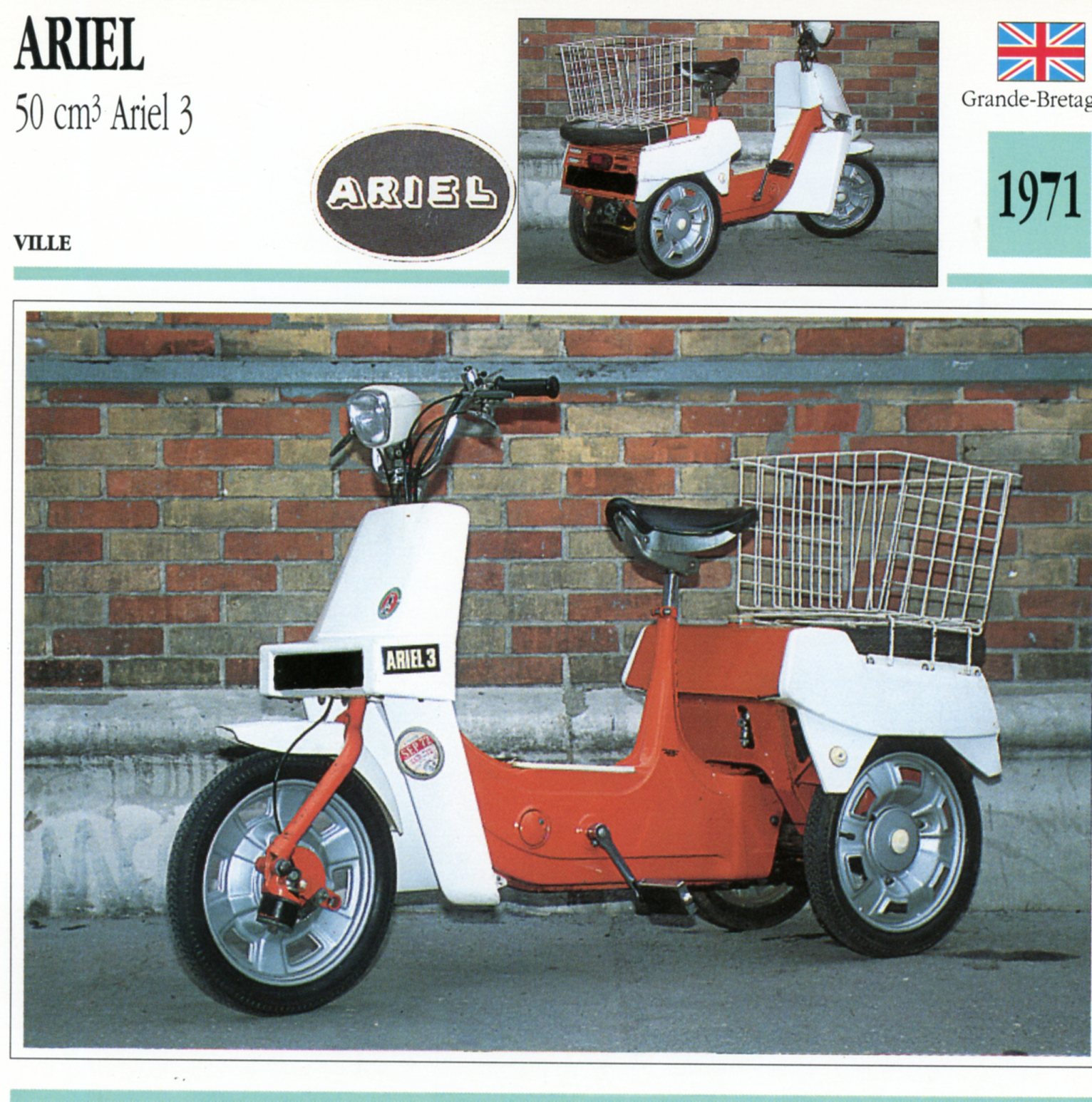 ARIEL 50 ARIEL3 1971 - CARTE CARD FICHE MOTO CARACTERISTIQUES