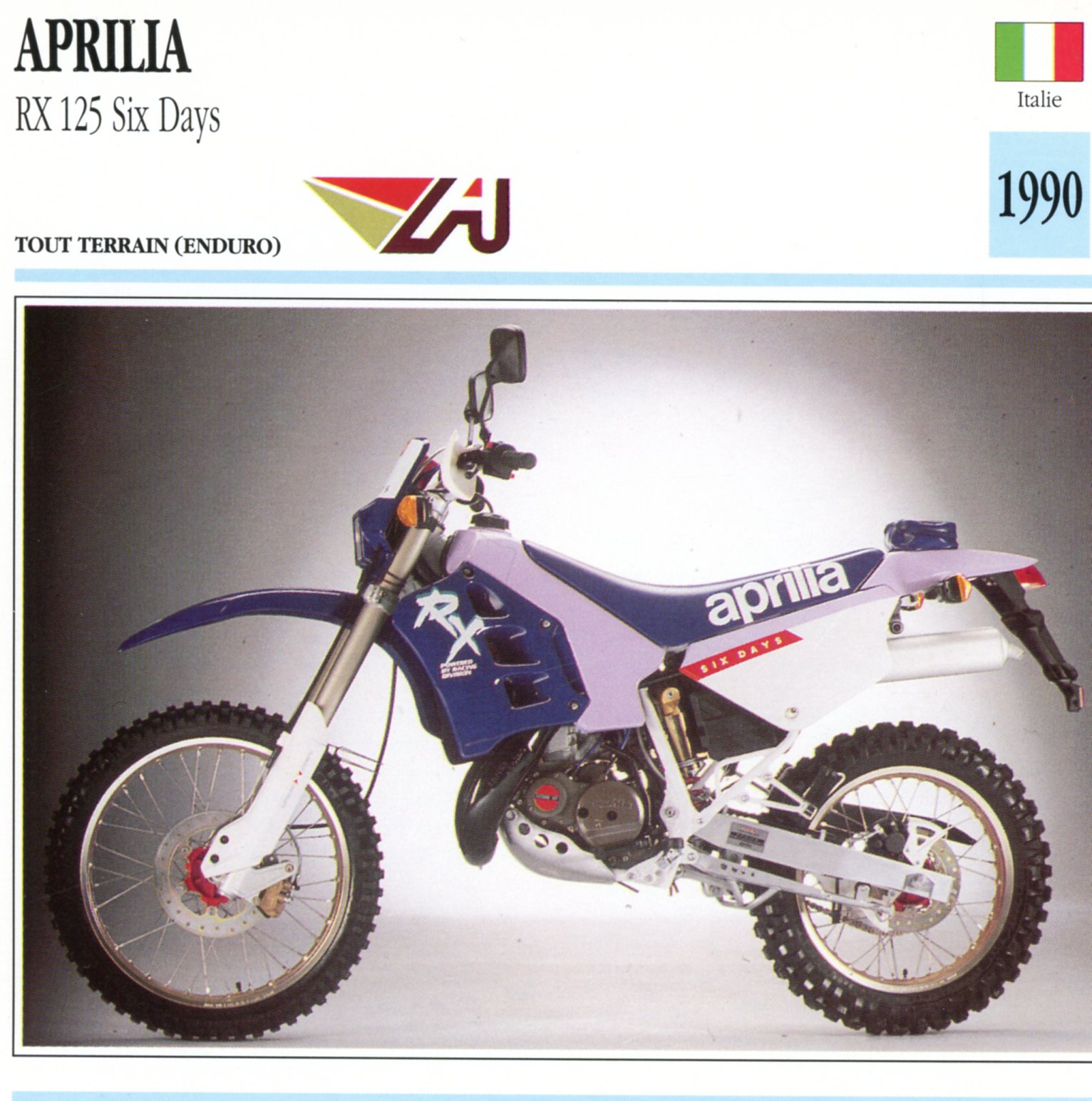 APRILIA RX-125-RX125 SIX DAYS 1990 -CARTE-CARD-FICHE-MOTO-LEMASTERBROCKERS